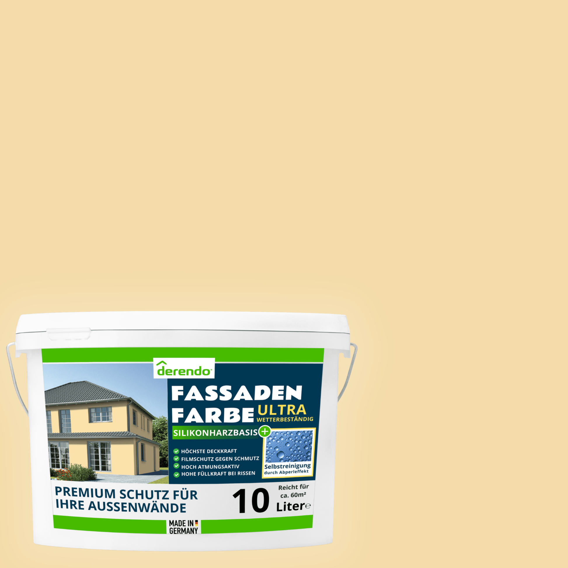 Derendo Fassadenfarbe Sandgelb mit ULTRA Wetterschutz und Abperleffekt in 10L – Produktbild von Derendo