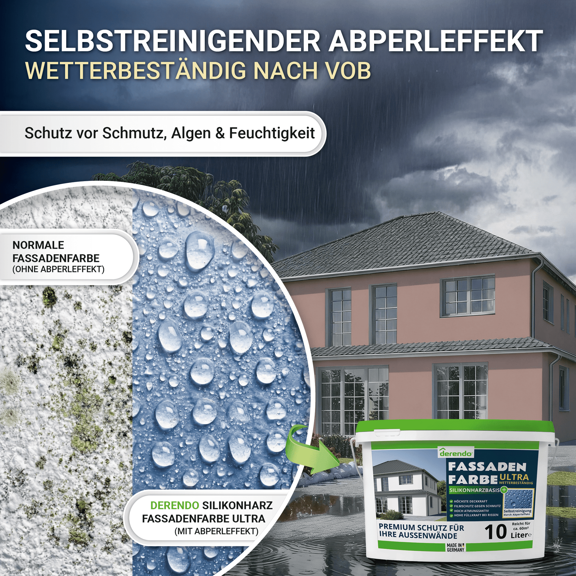 Derendo Fassadenfarbe Schokobraun mit ULTRA Wetterschutz und Abperleffekt in 10L – Produktbild von Derendo