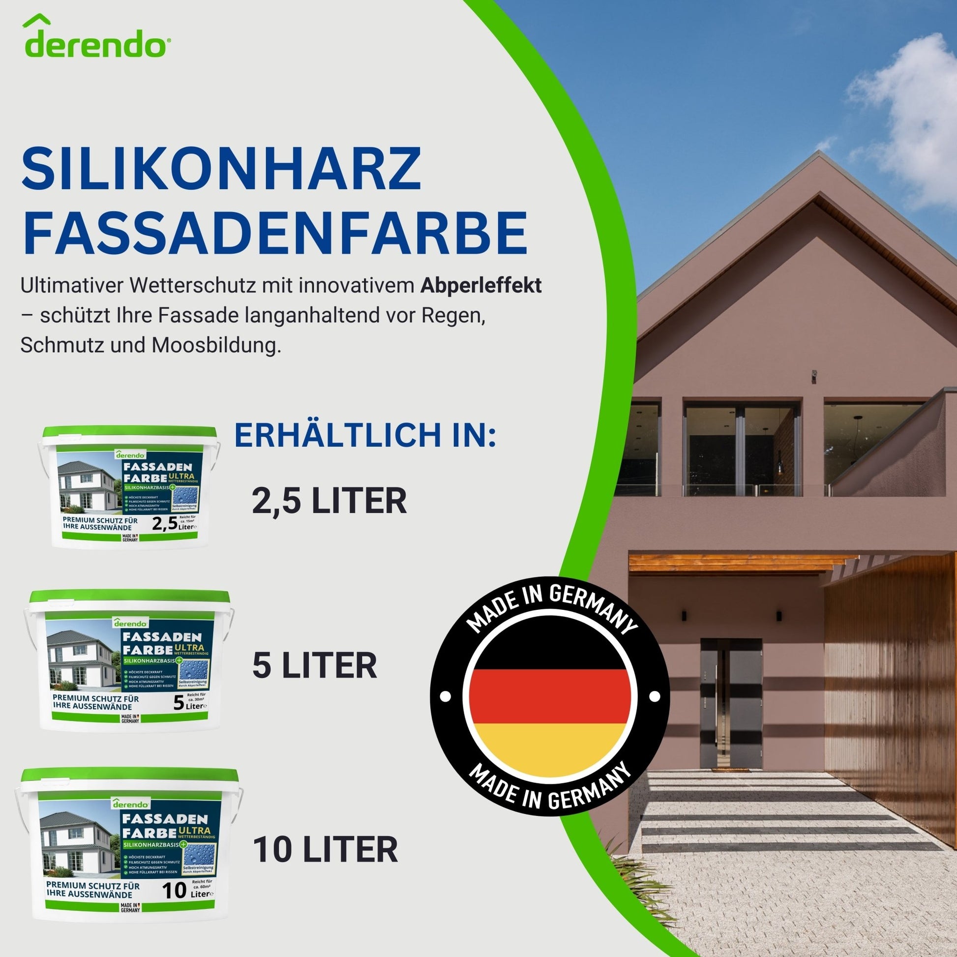 Derendo Fassadenfarbe Schokobraun mit ULTRA Wetterschutz und Abperleffekt - 4251604914972 - Derendo