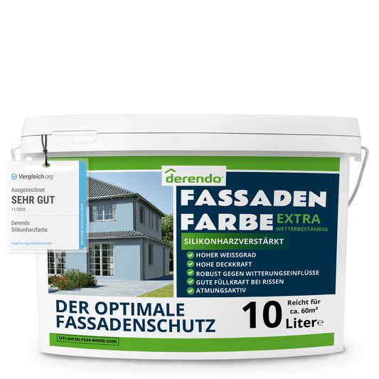 Derendo Fassadenfarbe Taubenblau mit EXTRA Wetterschutz in 10 Liter – Produktbild von Derendo