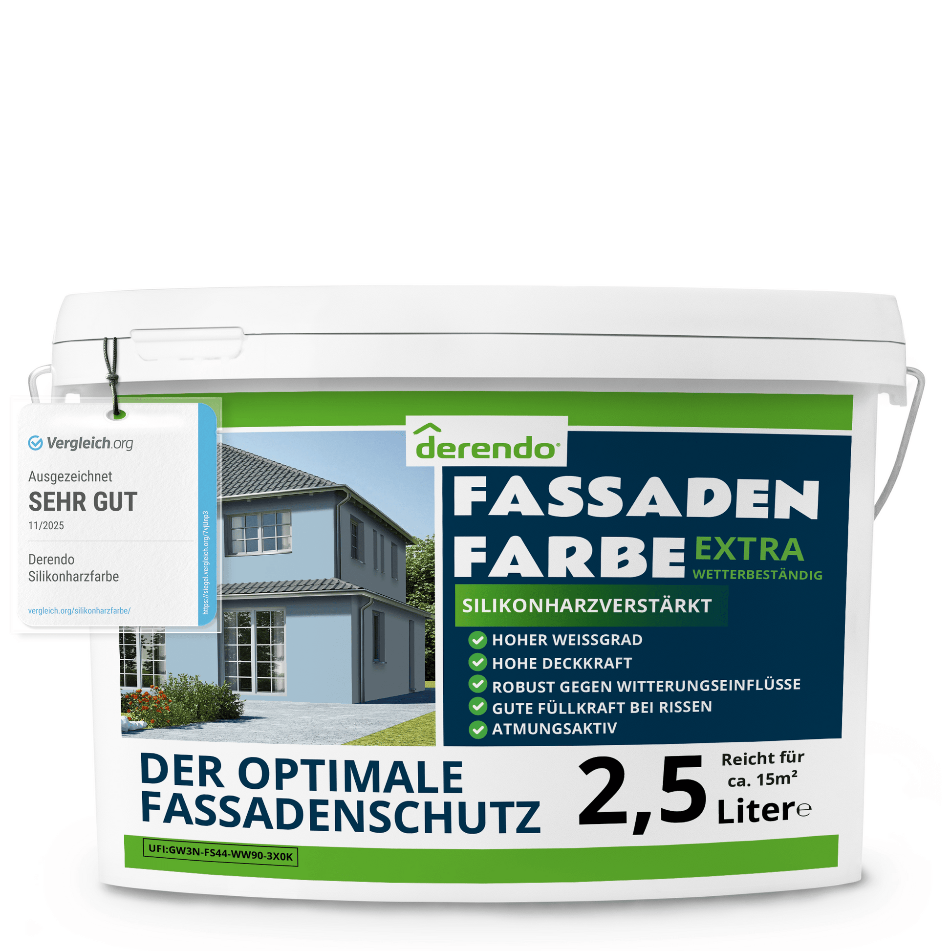 Derendo Fassadenfarbe Taubenblau mit EXTRA Wetterschutz in 2.5 Liter – Produktbild von Derendo