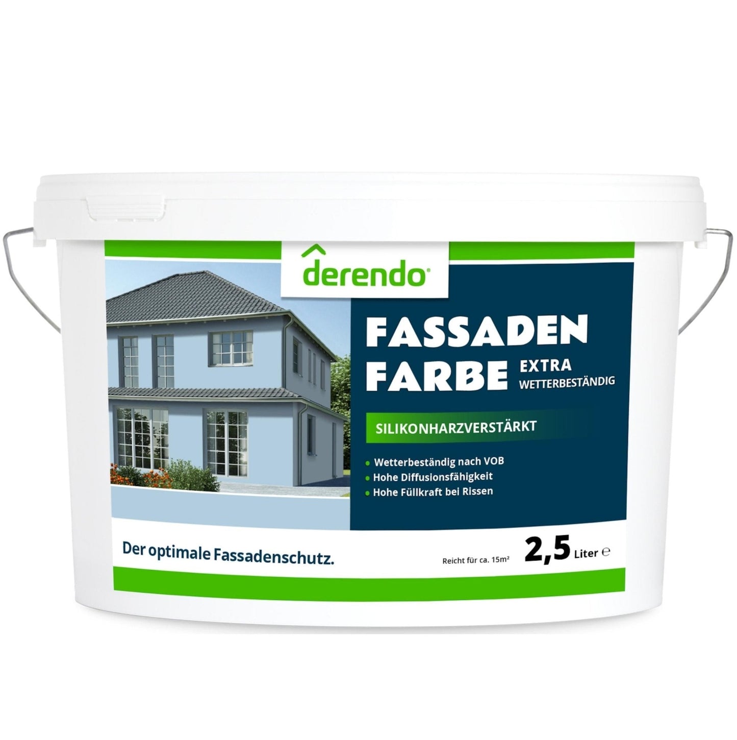 Derendo Fassadenfarbe Taubenblau mit EXTRA Wetterschutz in 2.5 Liter – Produktbild von Derendo