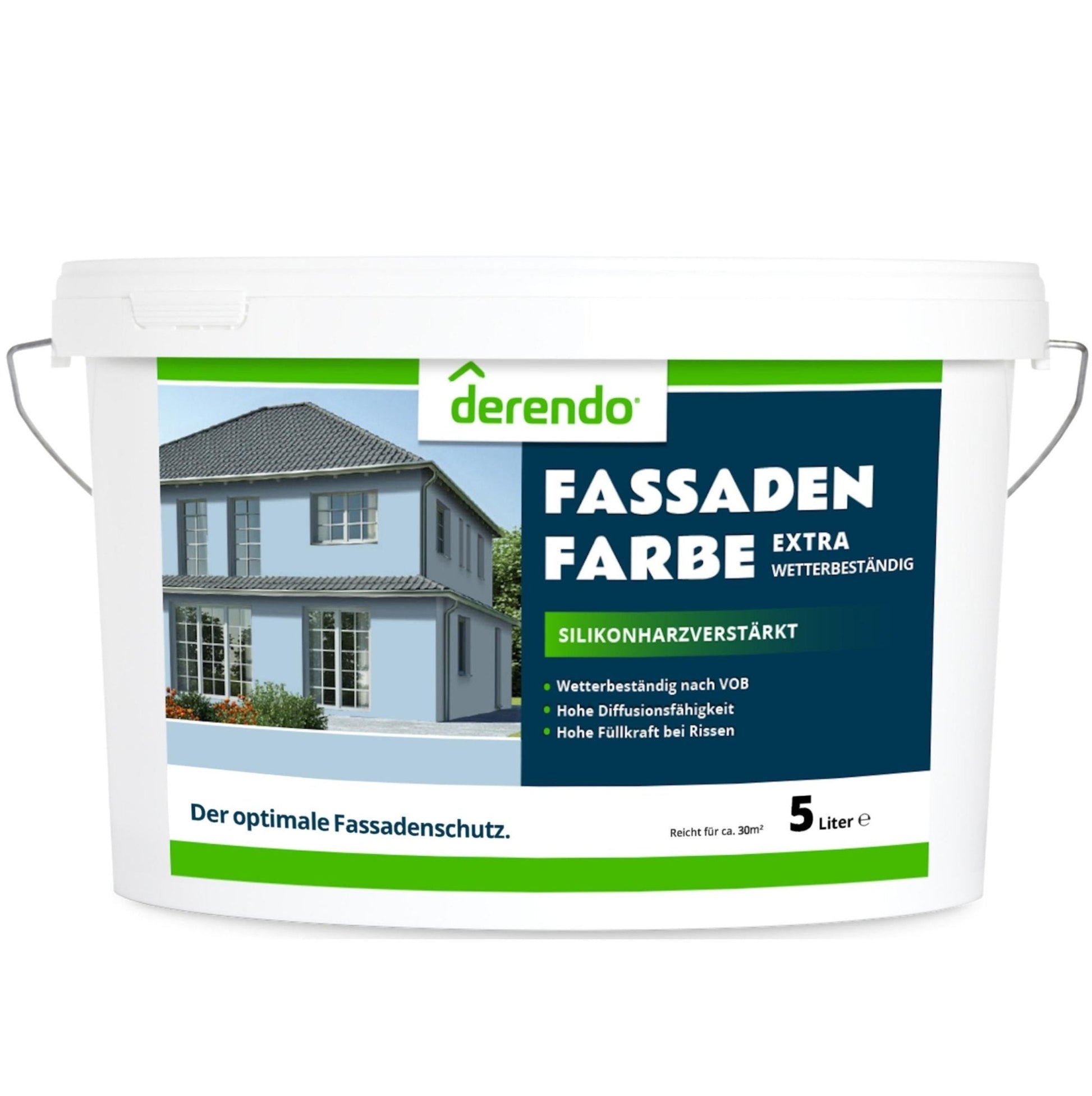 Derendo Fassadenfarbe Taubenblau mit EXTRA Wetterschutz in 2.5 Liter – Produktbild von Derendo