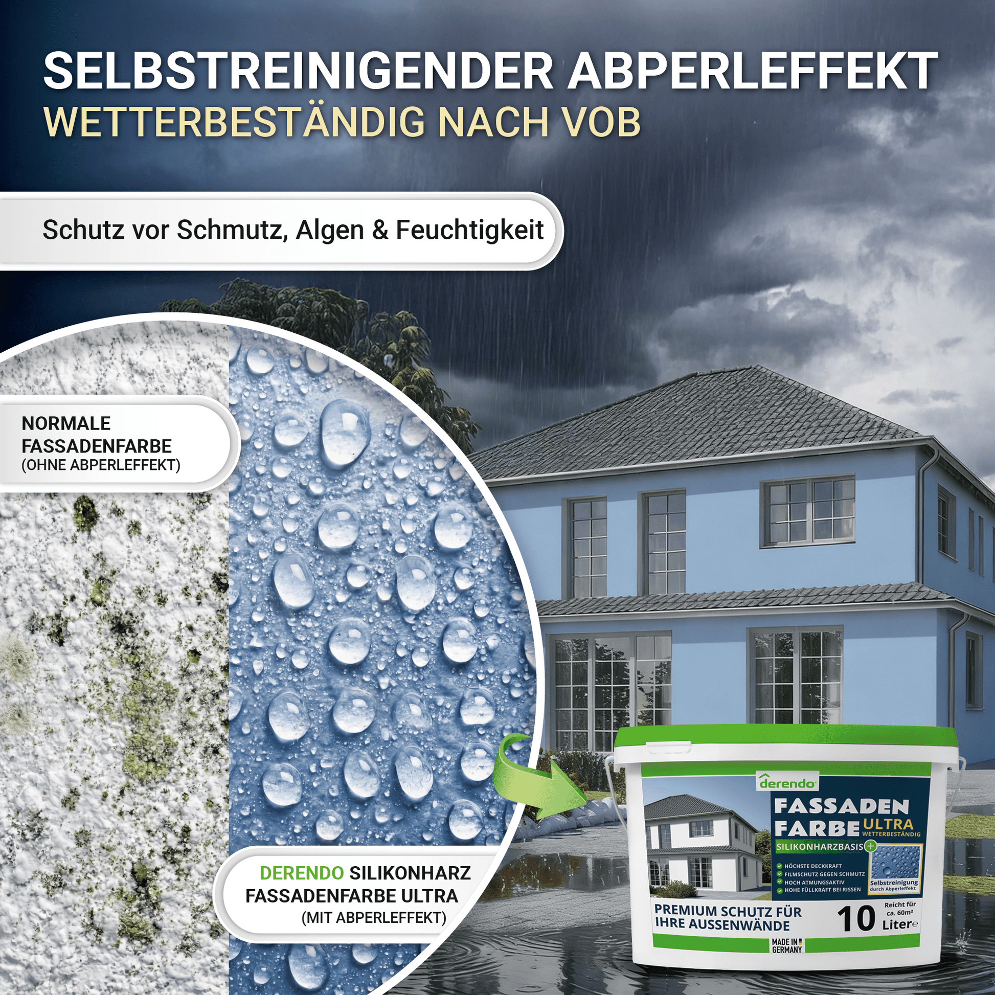 Derendo Fassadenfarbe Taubenblau mit ULTRA Wetterschutz und Abperleffekt in 2.5L – Produktbild von Derendo
