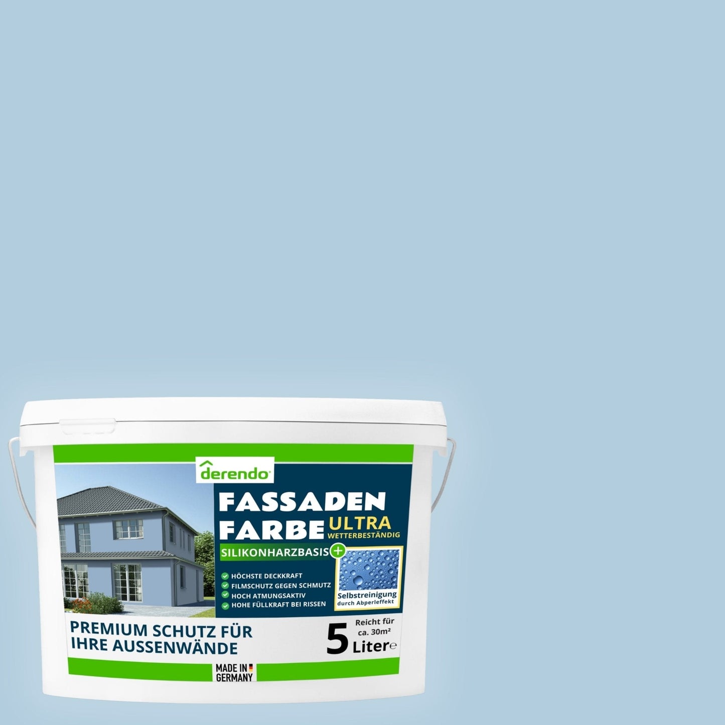 Derendo Fassadenfarbe Taubenblau mit ULTRA Wetterschutz und Abperleffekt - 4251604920430 - Derendo