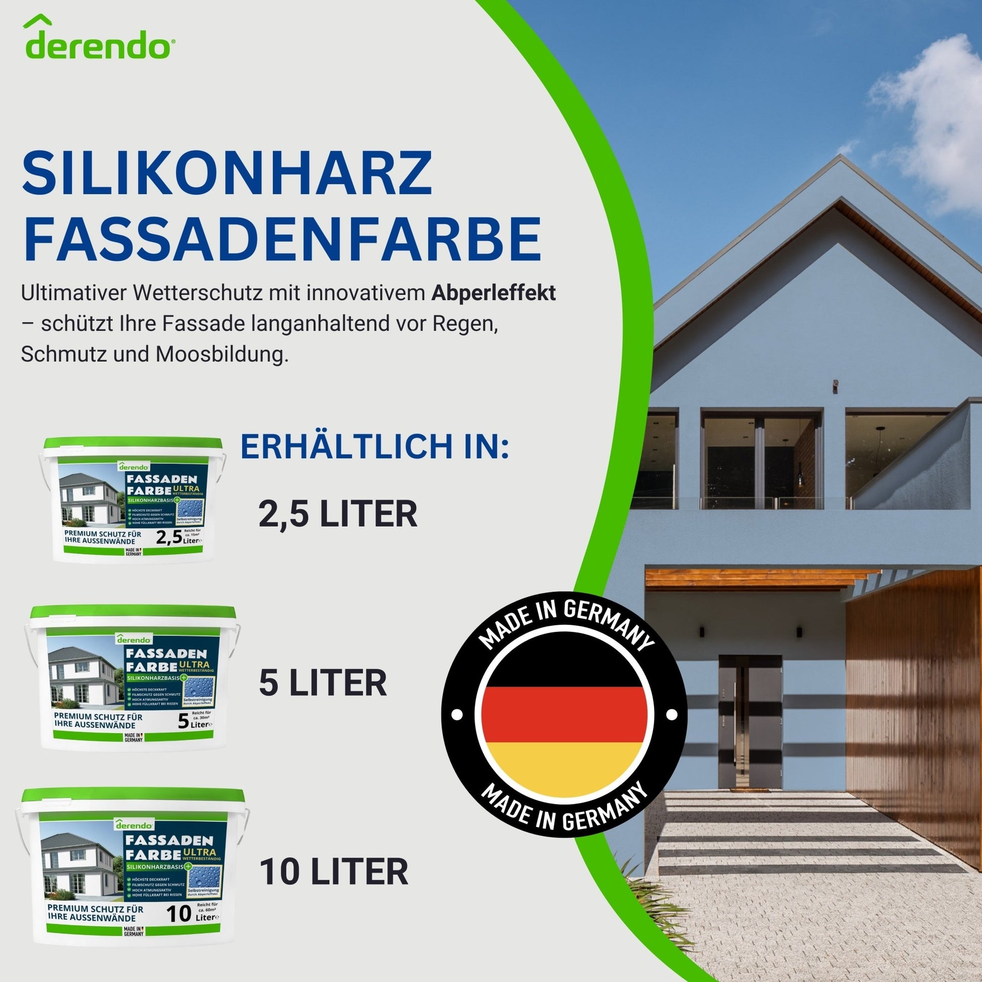 Derendo Fassadenfarbe Taubenblau mit ULTRA Wetterschutz und Abperleffekt - 4251604915931 - Derendo
