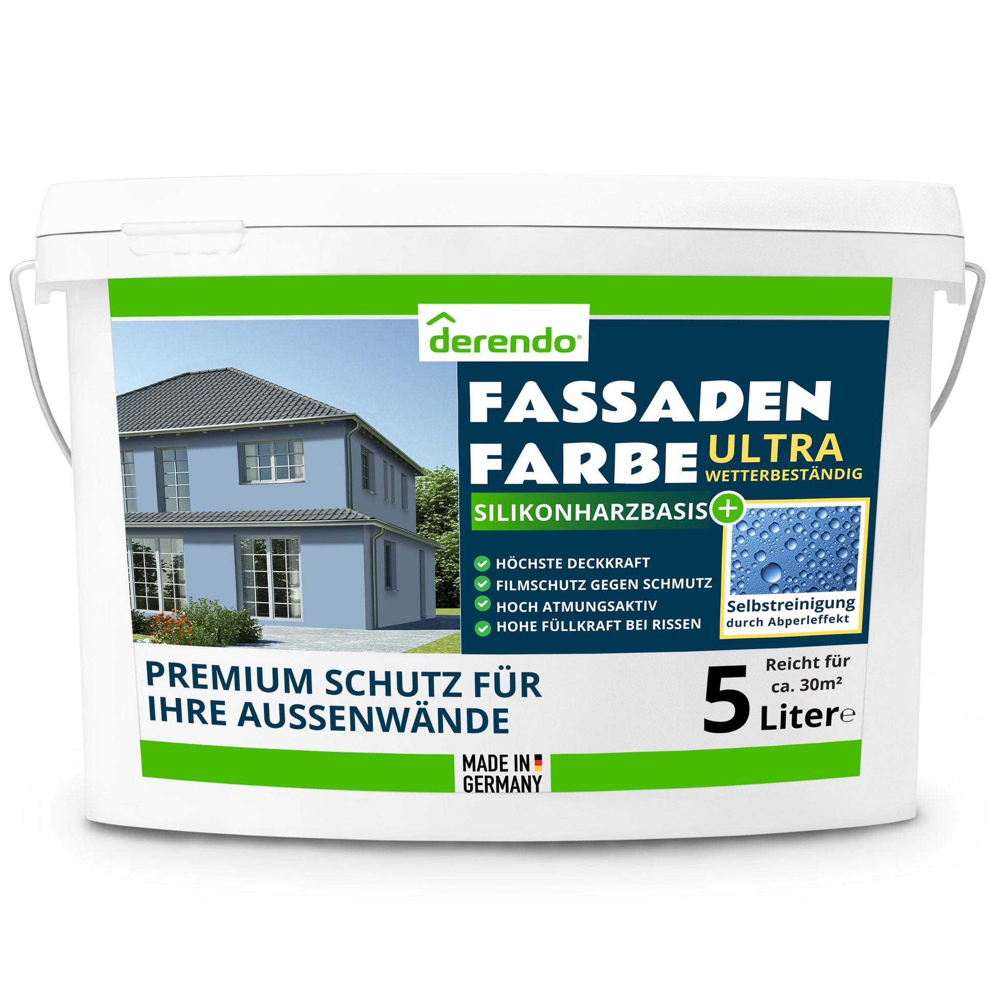 Derendo Fassadenfarbe Taubenblau mit ULTRA Wetterschutz und Abperleffekt - 4251604920430 - Derendo