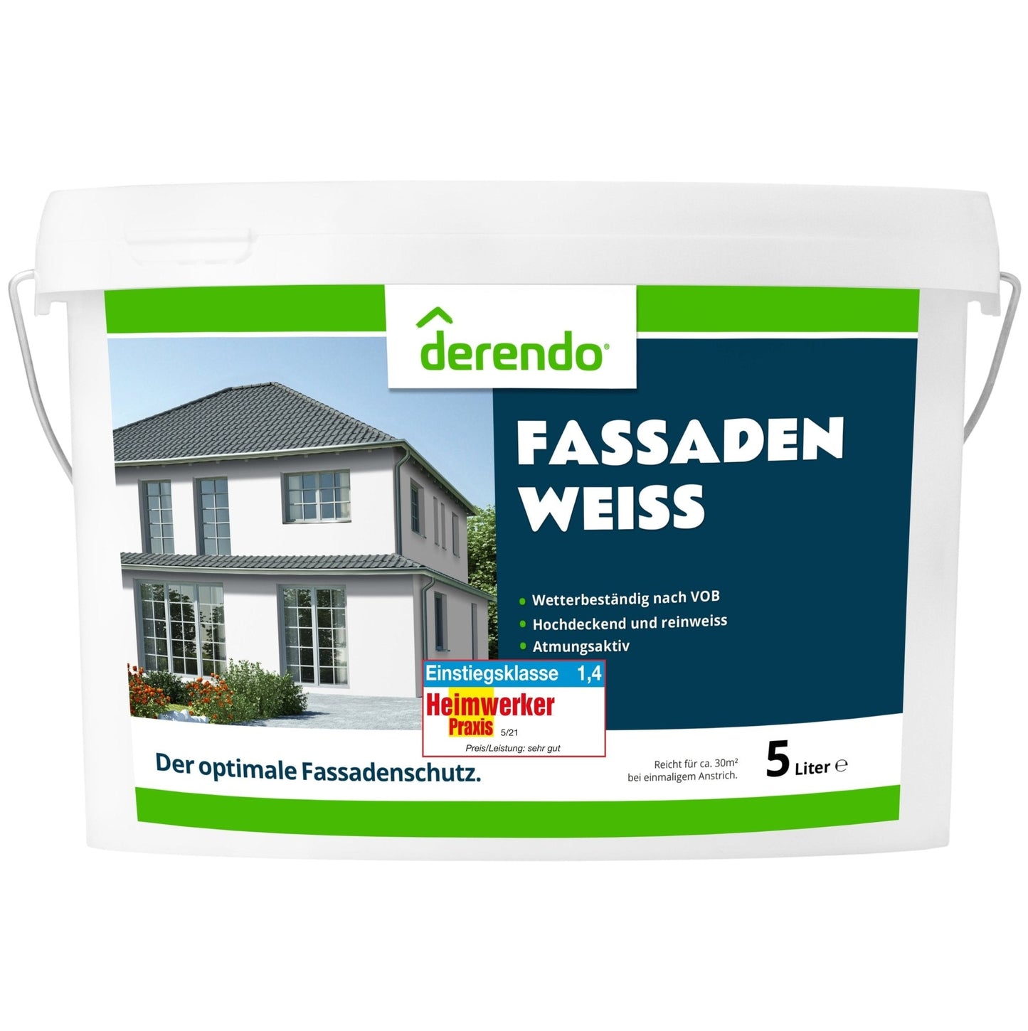 Derendo Fassadenfarbe Weiß für Außen und Innen, atmungsaktive Dispersionsfarbe mit hohe Deckkraft für Neu - und Renovierungsanstriche in 10 Liter – Produktbild von Derendo