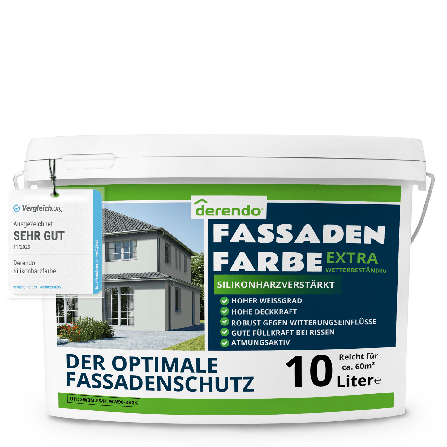 Derendo Fassadenfarbe Weissgruen mit EXTRA Wetterschutz in 10 Liter – Produktbild von Derendo