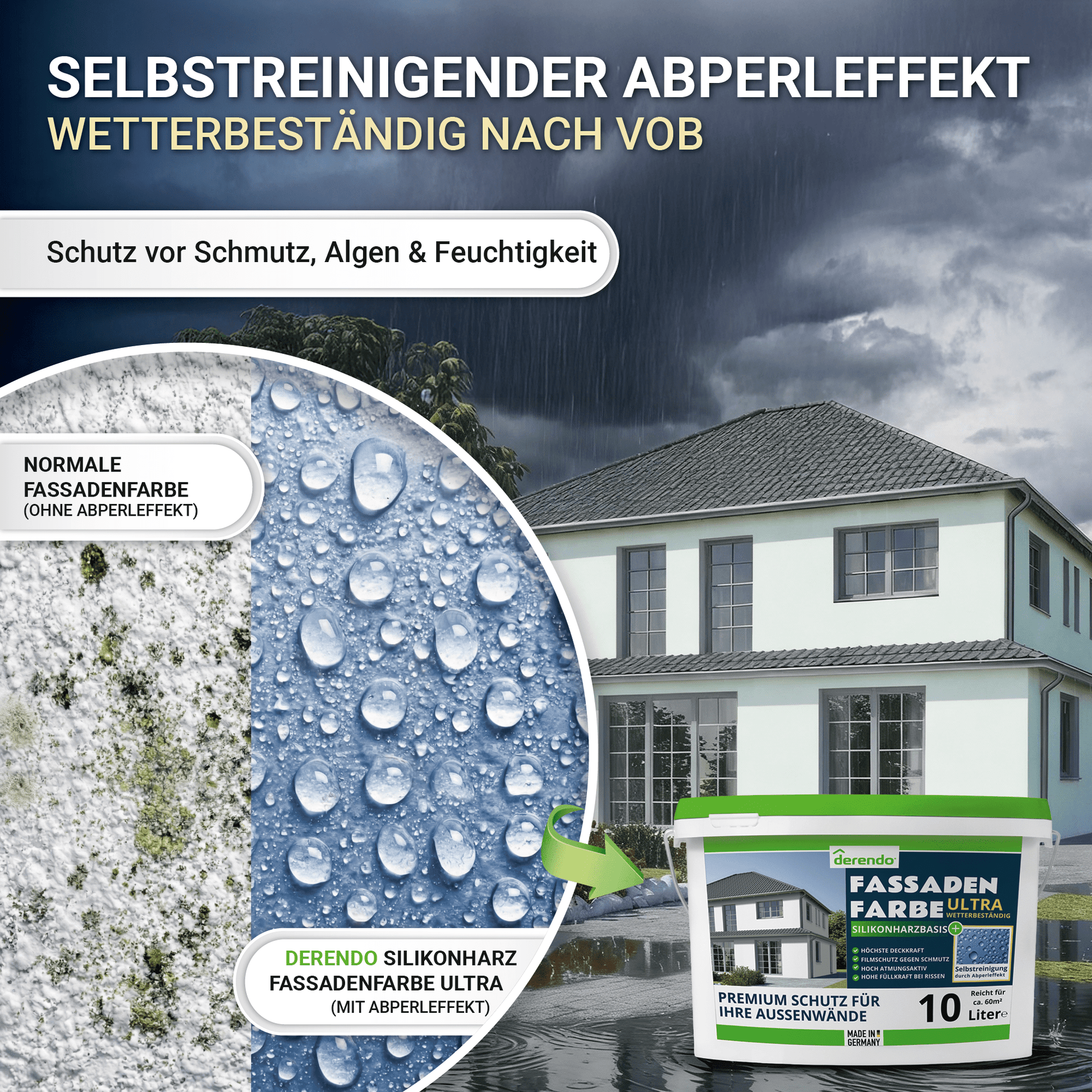 Derendo Fassadenfarbe Weissgrün mit ULTRA Wetterschutz und Abperleffekt in 10L – Produktbild von Derendo
