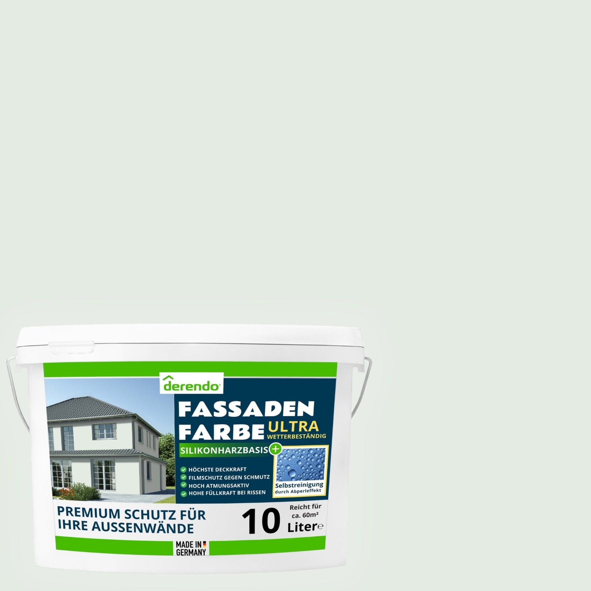 Derendo Fassadenfarbe Weissgrün mit ULTRA Wetterschutz und Abperleffekt in 10L – Produktbild von Derendo