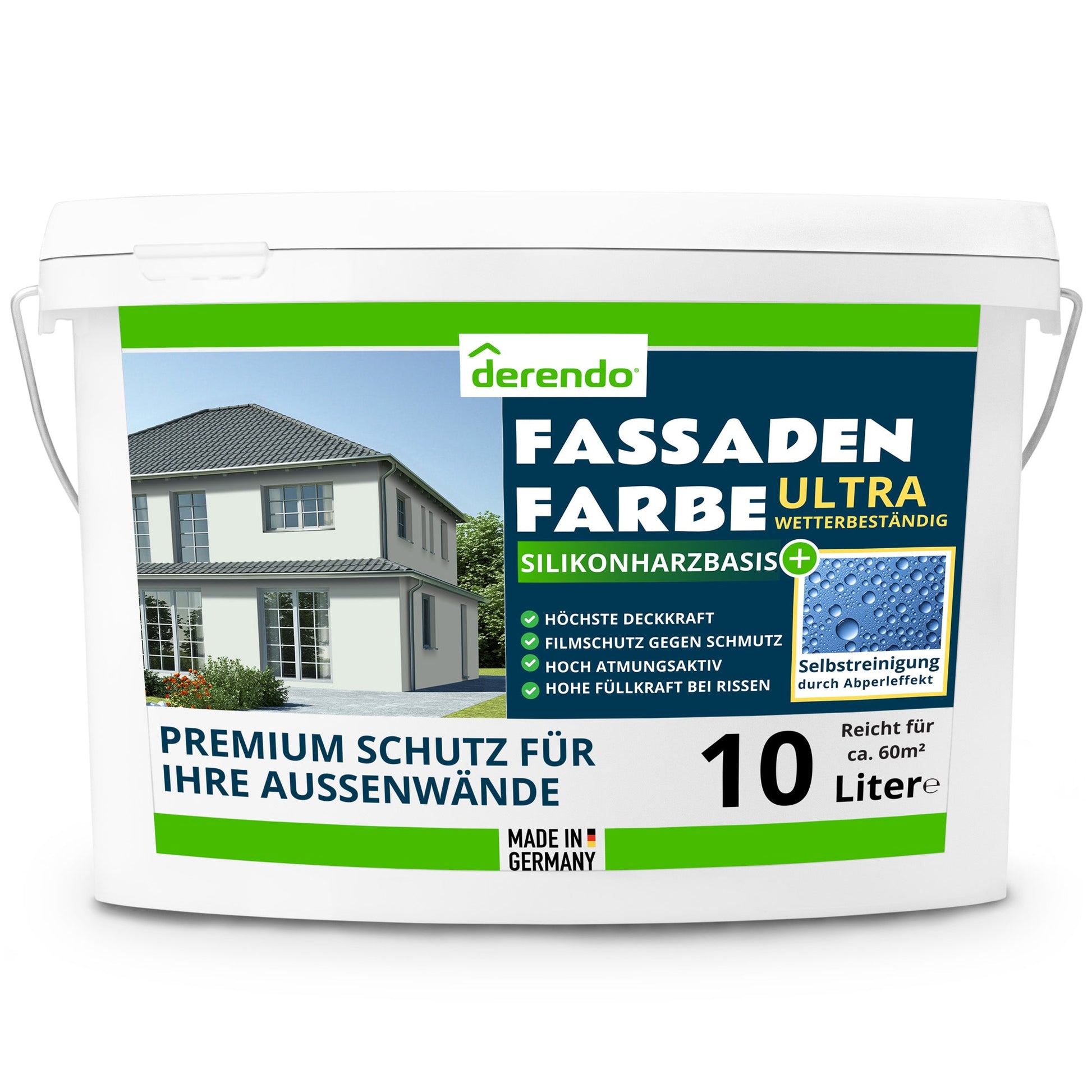 Derendo Fassadenfarbe Weissgrün mit ULTRA Wetterschutz und Abperleffekt - 4251604915825 - Derendo