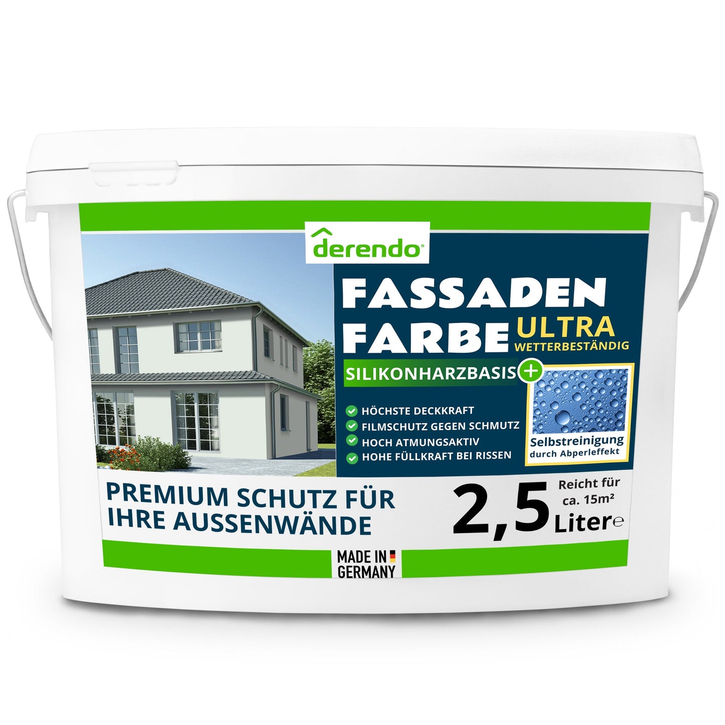 Derendo Fassadenfarbe Weissgrün mit ULTRA Wetterschutz und Abperleffekt - 4251604915825 - Derendo