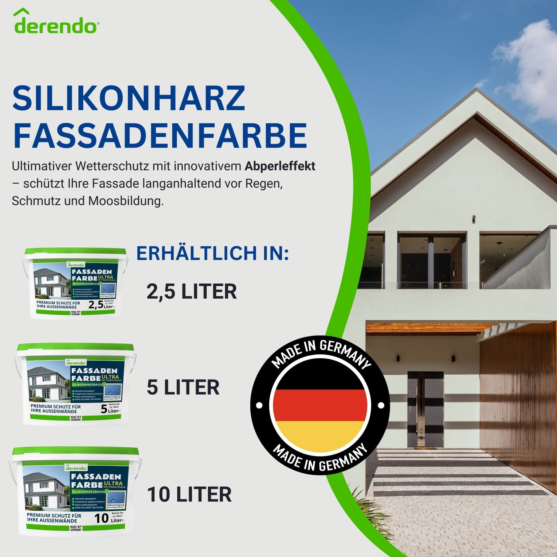 Derendo Fassadenfarbe Weissgrün mit ULTRA Wetterschutz und Abperleffekt - 4251604915825 - Derendo