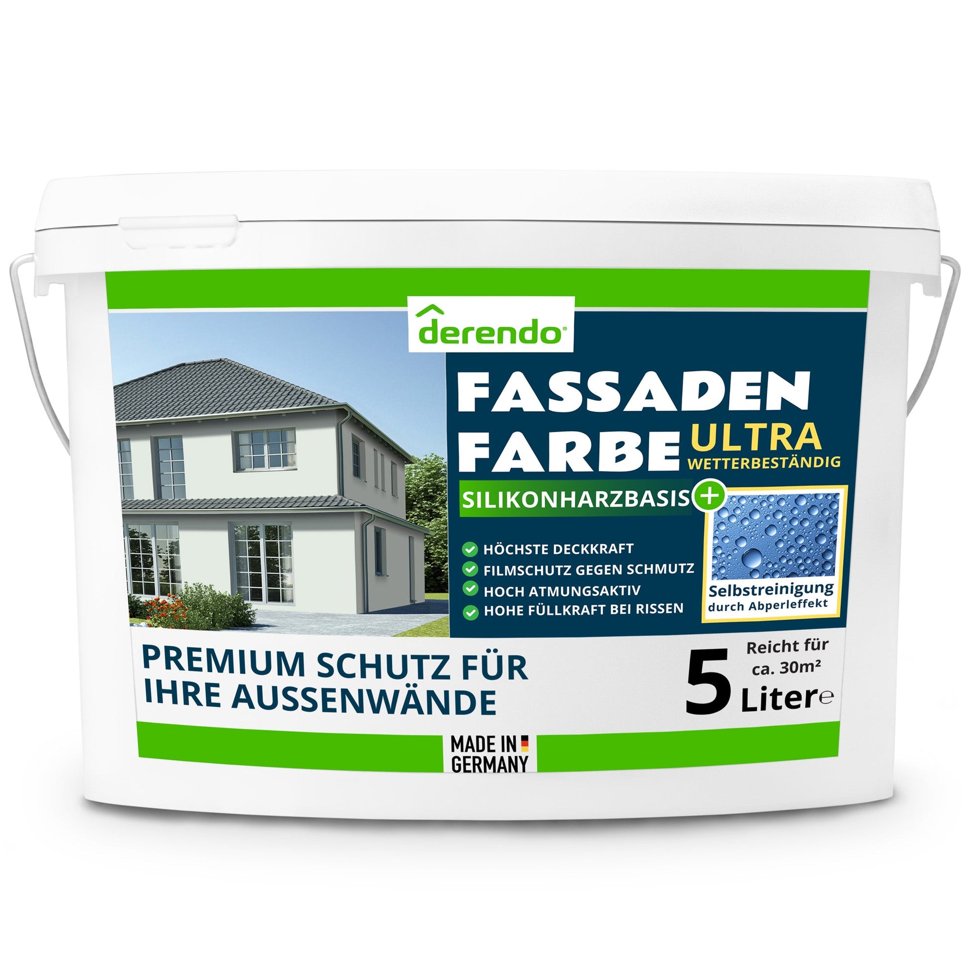 Derendo Fassadenfarbe Weissgrün mit ULTRA Wetterschutz und Abperleffekt - 4251604918239 - Derendo