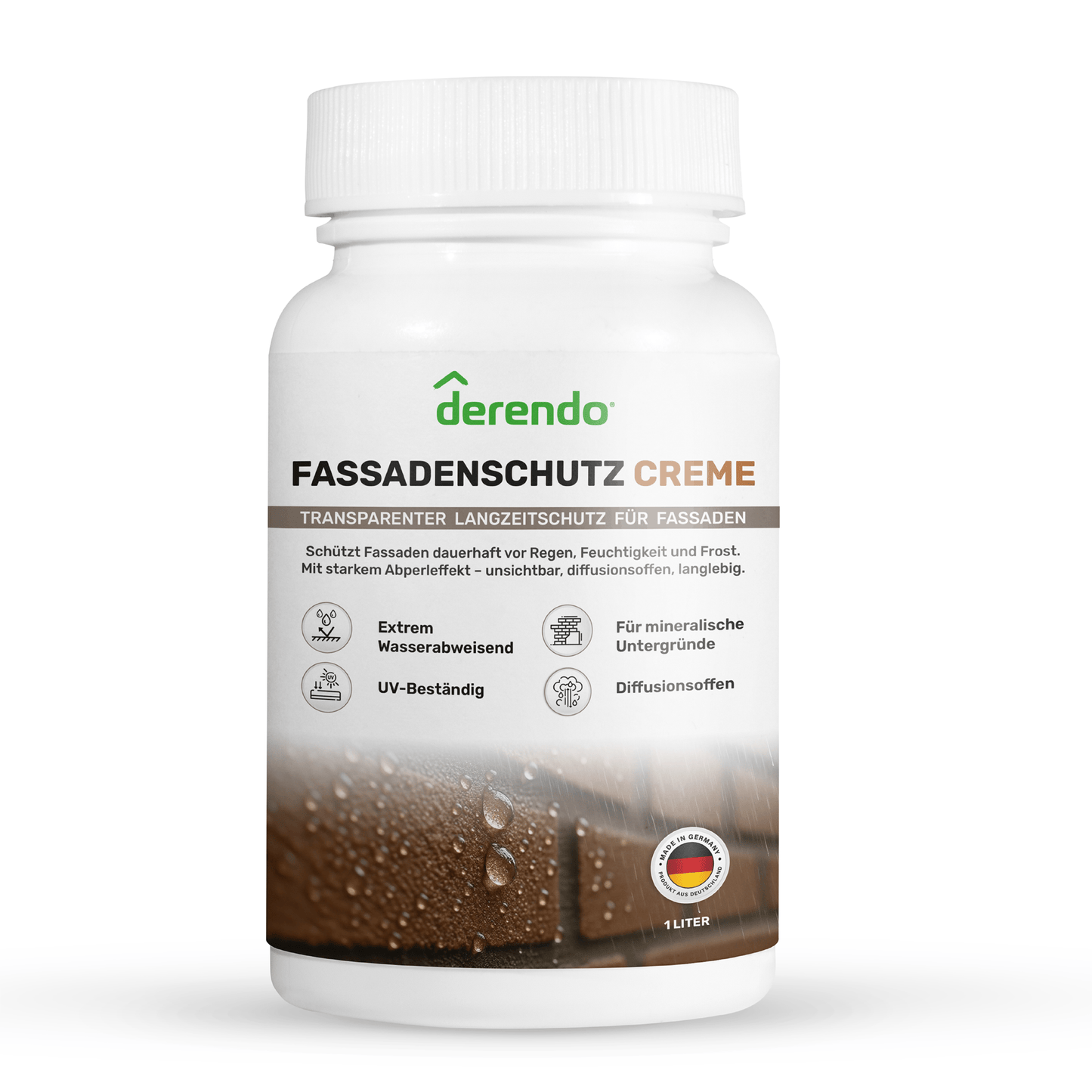 Derendo Fassadenschutzcreme Transparent – Farblose Imprägnierung für Ziegel, Klinker, Mauerwerk & Naturstein in 1l – Produktbild von Derendo