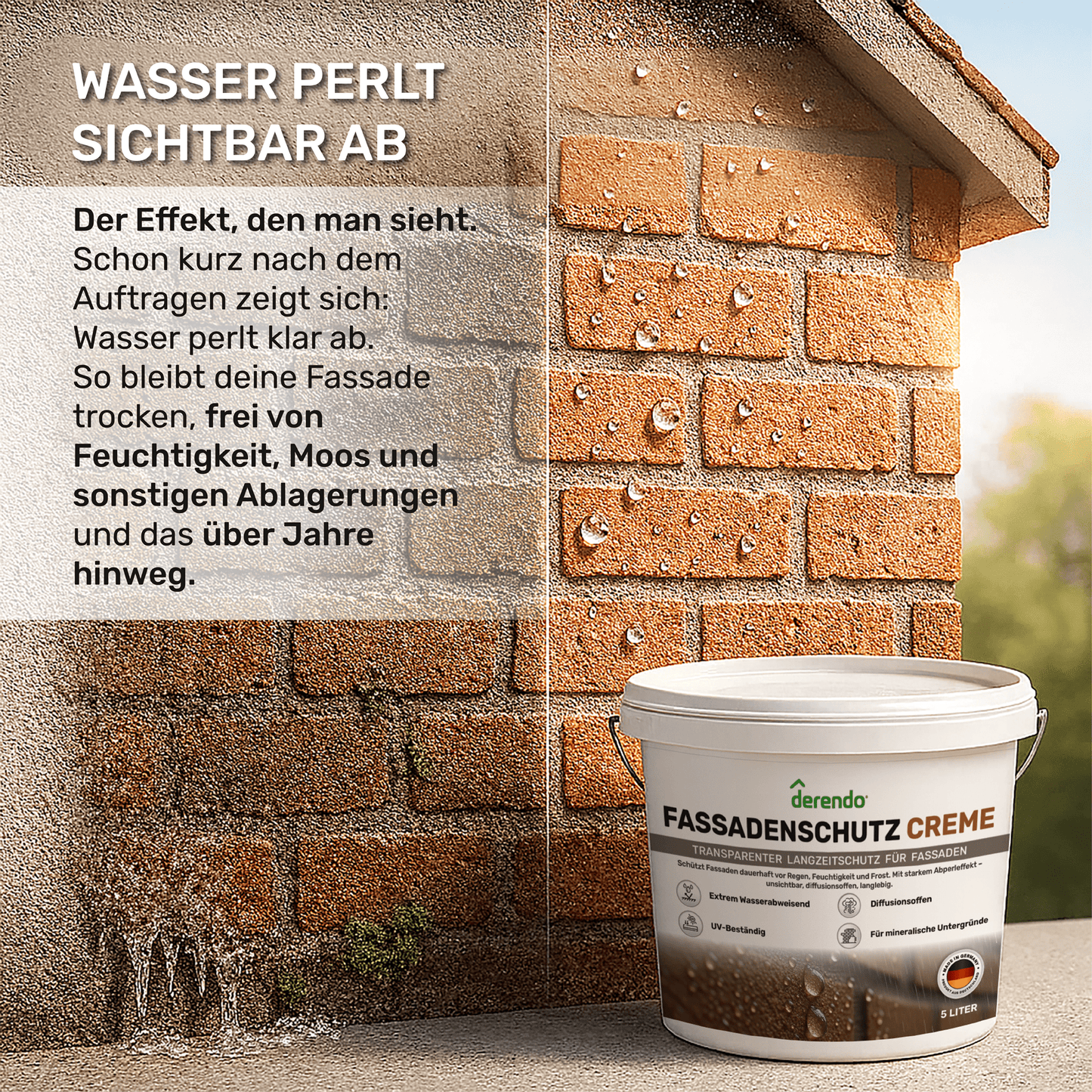 Derendo Fassadenschutzcreme Transparent – Farblose Imprägnierung für Ziegel, Klinker, Mauerwerk & Naturstein in 5l – Produktbild von Derendo