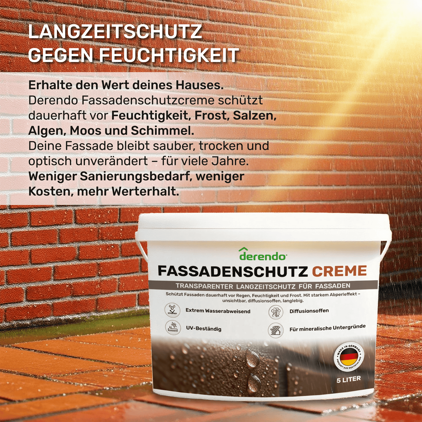 Derendo Fassadenschutzcreme Transparent – Farblose Imprägnierung für Ziegel, Klinker, Mauerwerk & Naturstein in 5l – Produktbild von Derendo
