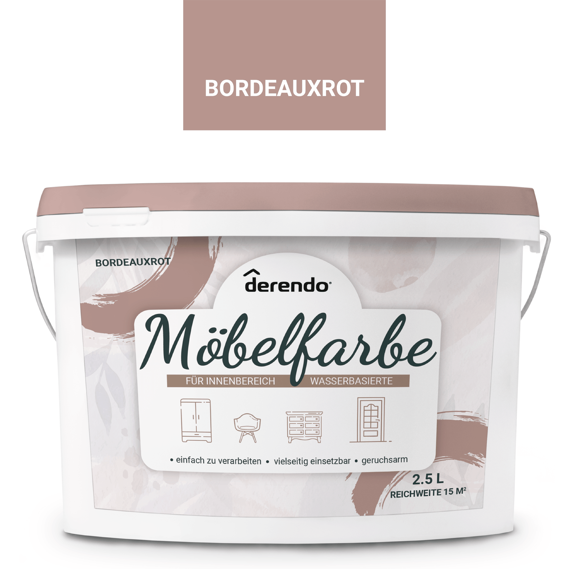Derendo Möbelfarbe Bordeauxrot 2,5 L – Holzfarbe für Innen – Ohne Schleifen, Hochdeckend & Wasserbasiert – Für Möbel, Türen & Küchen – Umweltfreundlich & Geruchsarm - 4251604929396 - Derendo