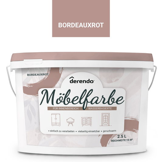 Derendo Möbelfarbe Bordeauxrot 2,5 L – Holzfarbe für Innen – Ohne Schleifen, Hochdeckend & Wasserbasiert – Für Möbel, Türen & Küchen – Umweltfreundlich & Geruchsarm - 4251604929396 - Derendo