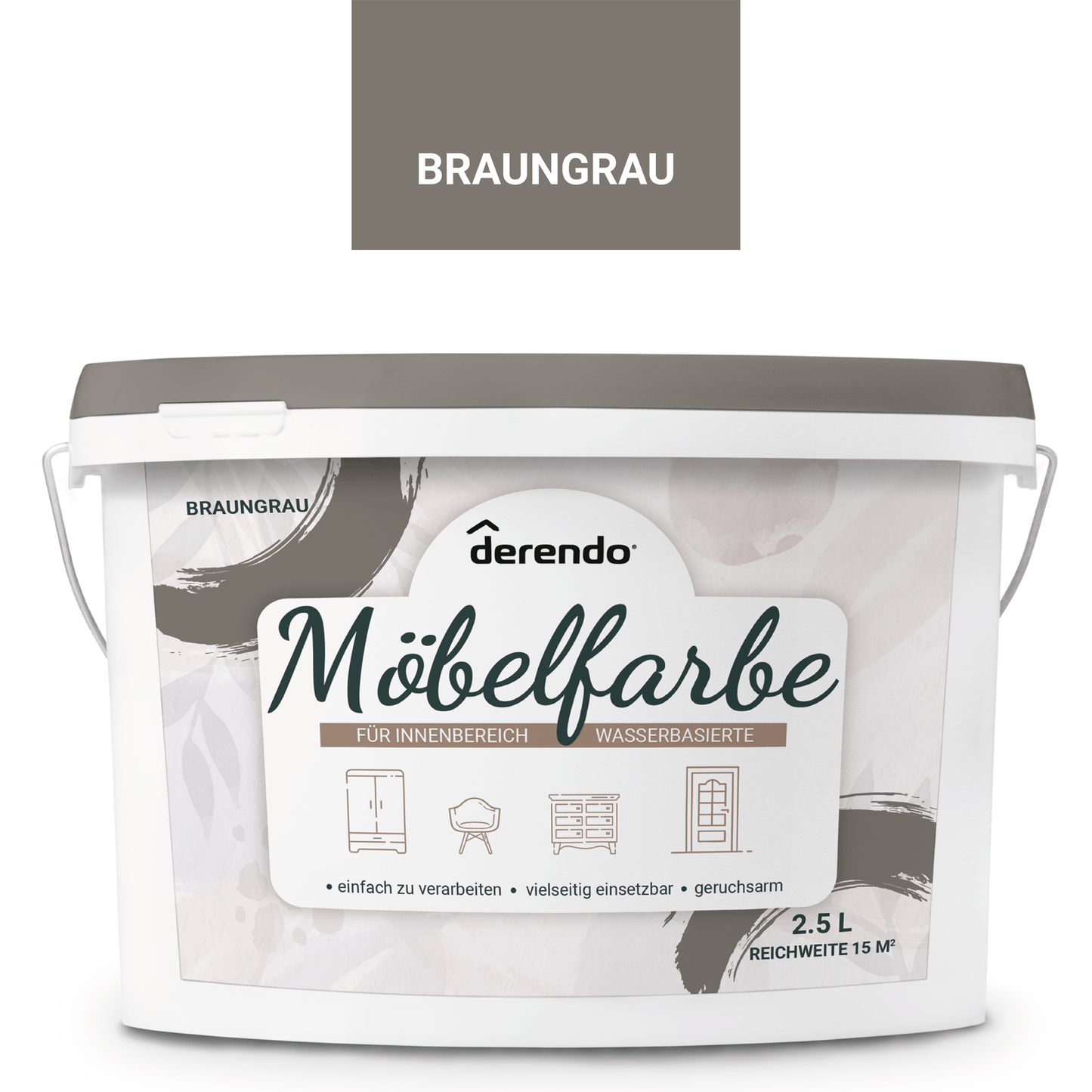 Derendo Möbelfarbe Braungrau 2,5 L – Holzfarbe für Innen – Ohne Schleifen, Hochdeckend & Wasserbasiert – Für Möbel, Türen & Küchen – Umweltfreundlich & Geruchsarm - 4251604929365 - Derendo