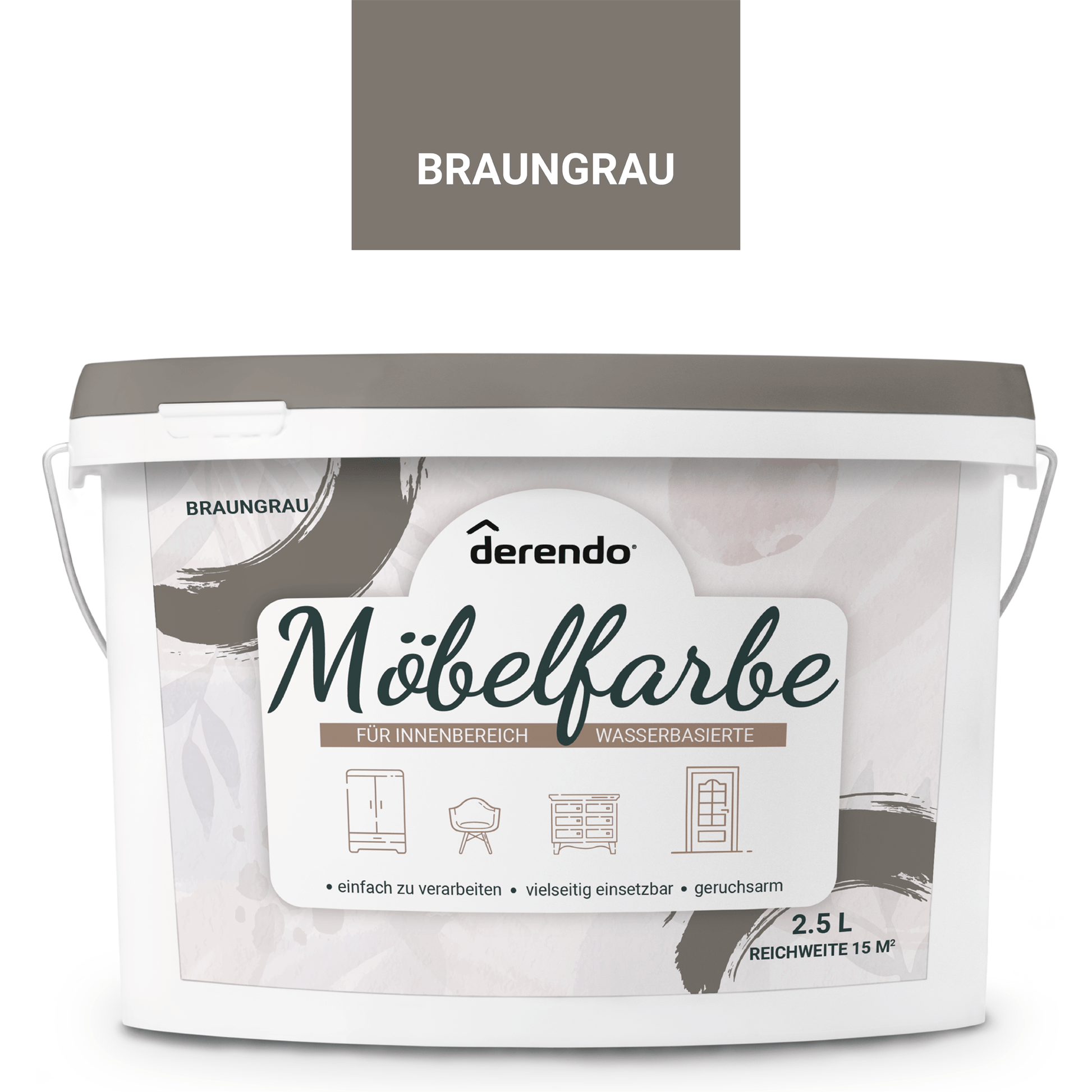 Derendo Möbelfarbe Braungrau 2,5 L – Holzfarbe für Innen – Ohne Schleifen, Hochdeckend & Wasserbasiert – Für Möbel, Türen & Küchen – Umweltfreundlich & Geruchsarm - 4251604929365 - Derendo