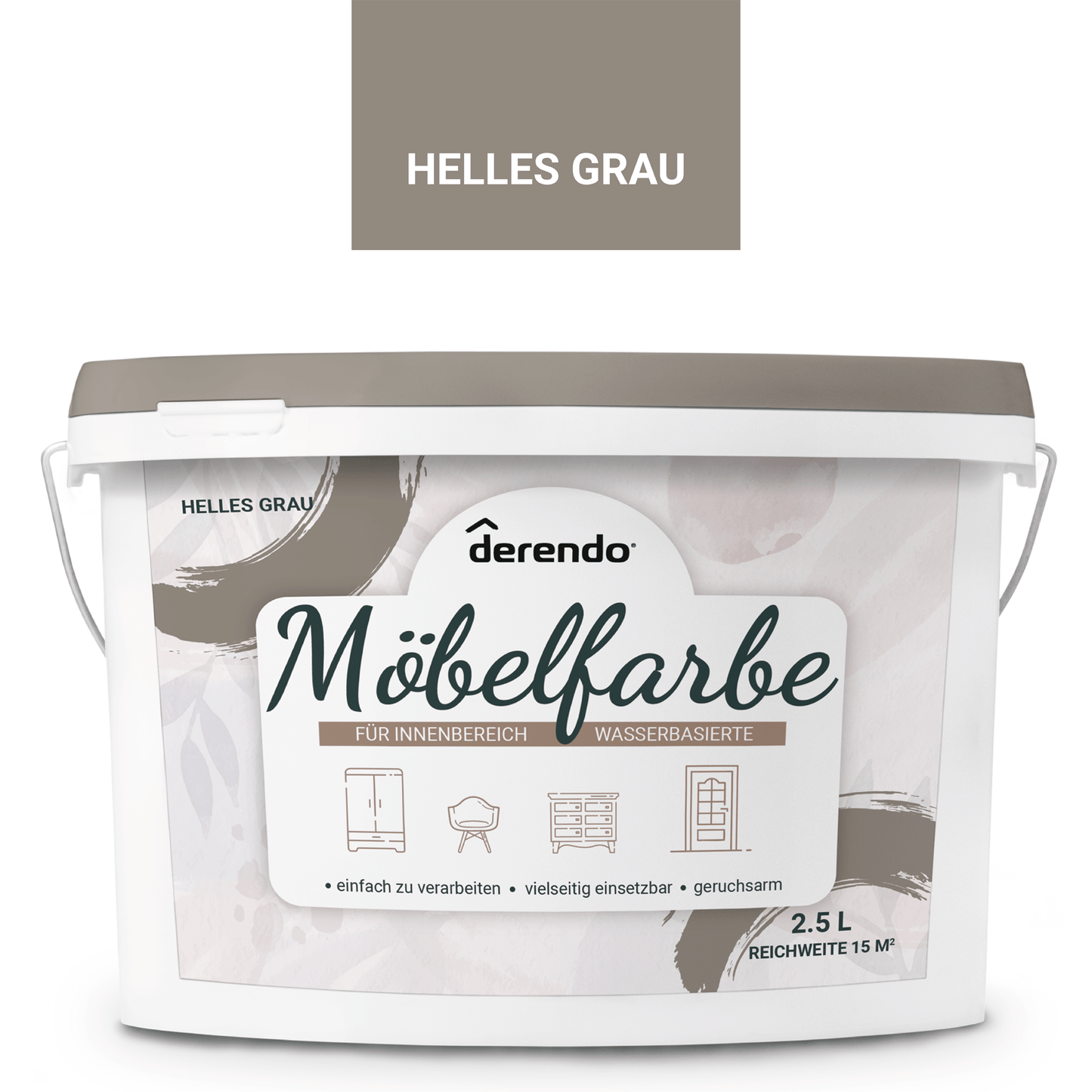 Derendo Möbelfarbe Helles Grau 2,5 L – Holzfarbe für Innen – Ohne Schleifen, Hochdeckend & Wasserbasiert – Für Möbel, Türen & Küchen – Umweltfreundlich & Geruchsarm - 4251604929372 - Derendo