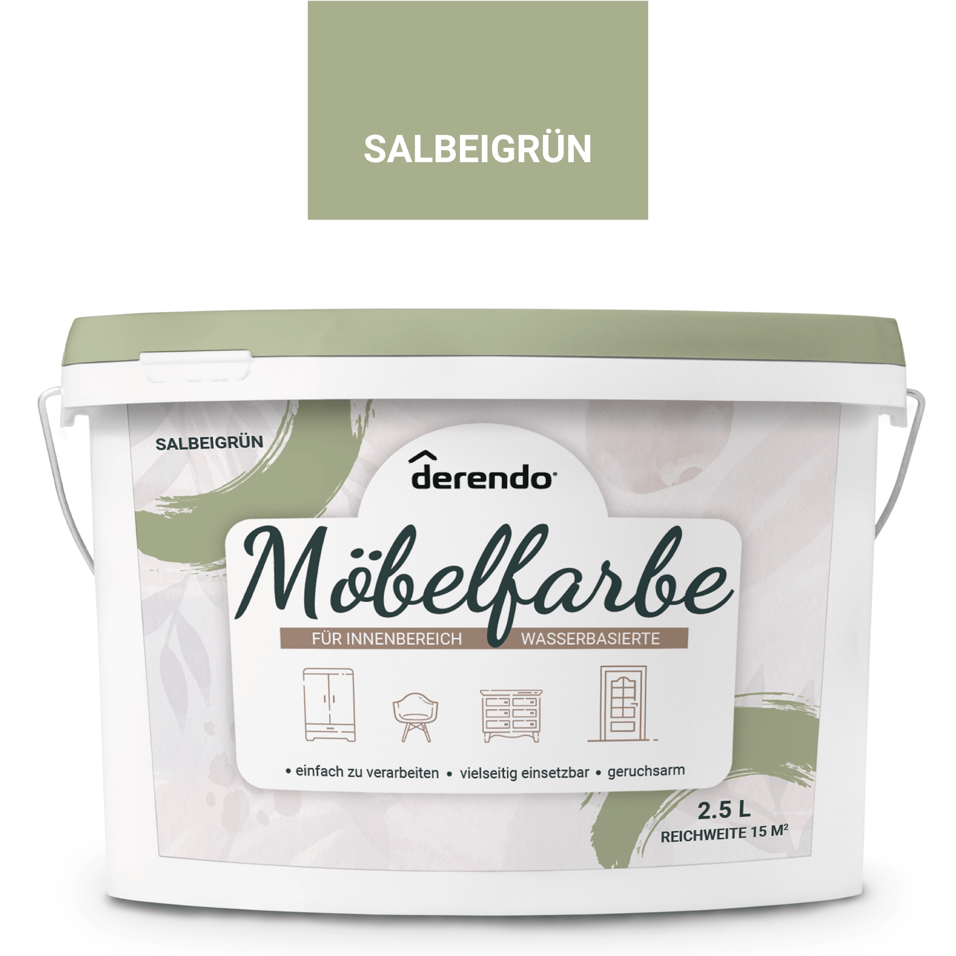 Derendo Möbelfarbe Salbeigrün 2,5 L – Holzfarbe für Innen – Ohne Schleifen, Hochdeckend & Wasserbasiert – Für Möbel, Türen & Küchen – Umweltfreundlich & Geruchsarm - 4251604929327 - Derendo