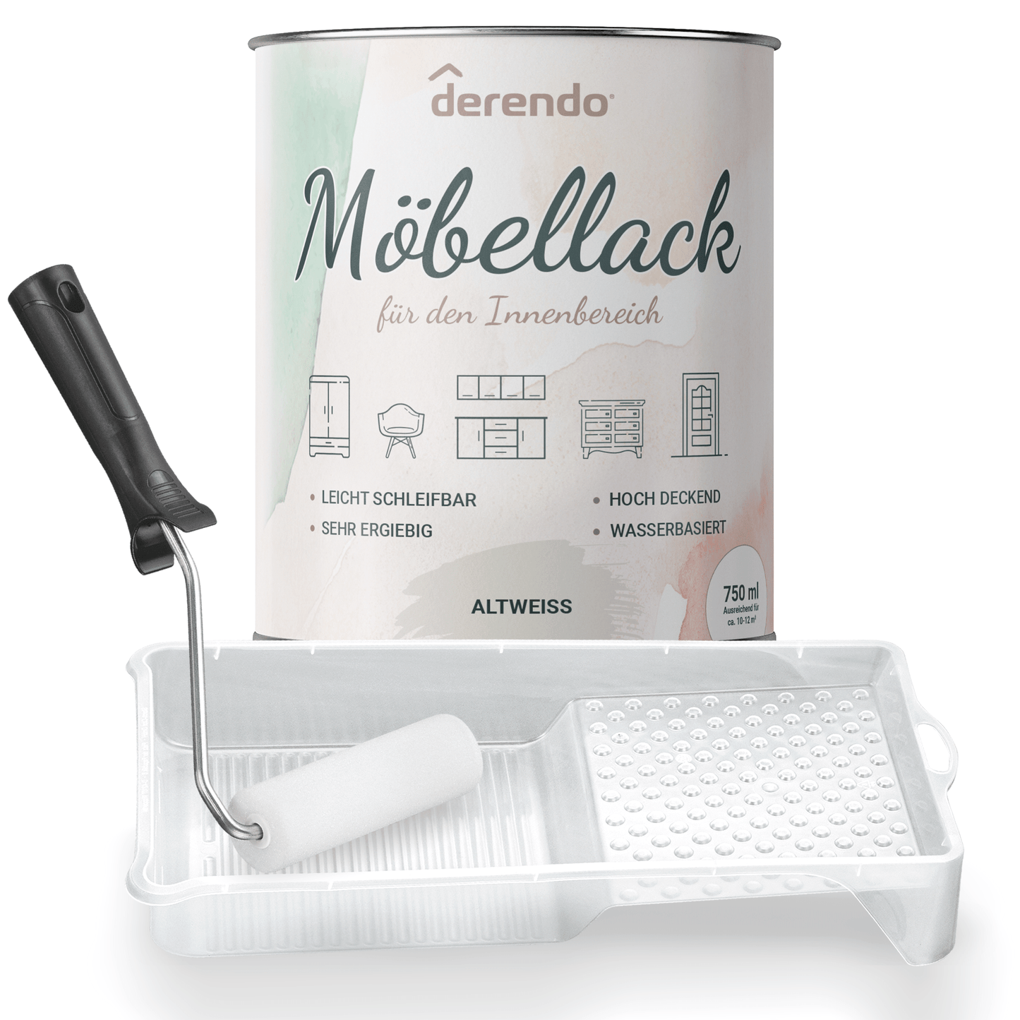 Derendo® Möbelfarbe Altweiß 750ml – Möbelfarbe ohne Schleifen + Lackier-Roller-Set in – Produktbild von Derendo