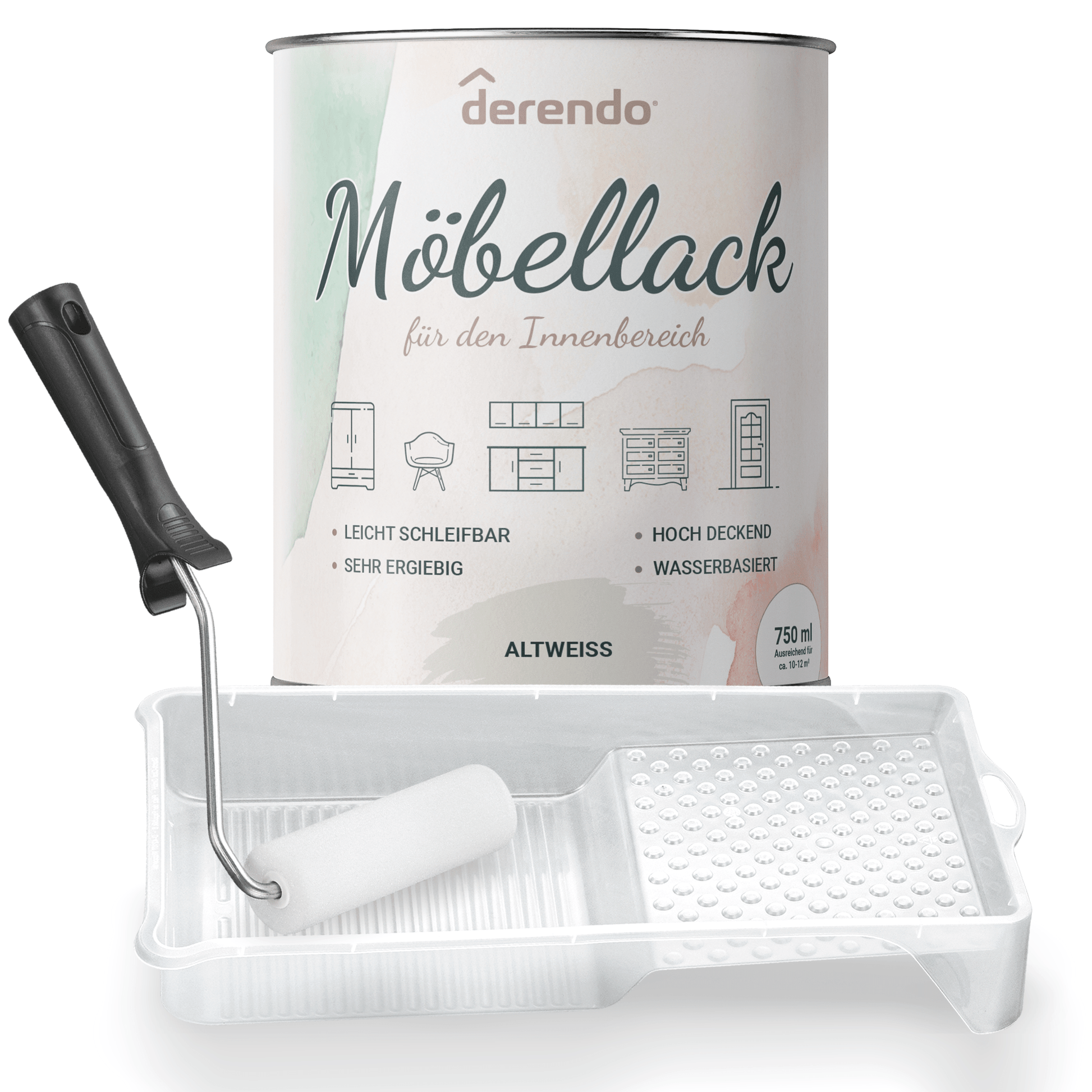 Derendo® Möbelfarbe Altweiß 750ml – Möbelfarbe ohne Schleifen + Lackier-Roller-Set in – Produktbild von Derendo