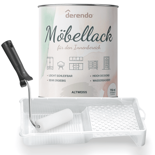 Derendo® Möbelfarbe Altweiß 750ml – Möbelfarbe ohne Schleifen + Lackier-Roller-Set in – Produktbild von Derendo