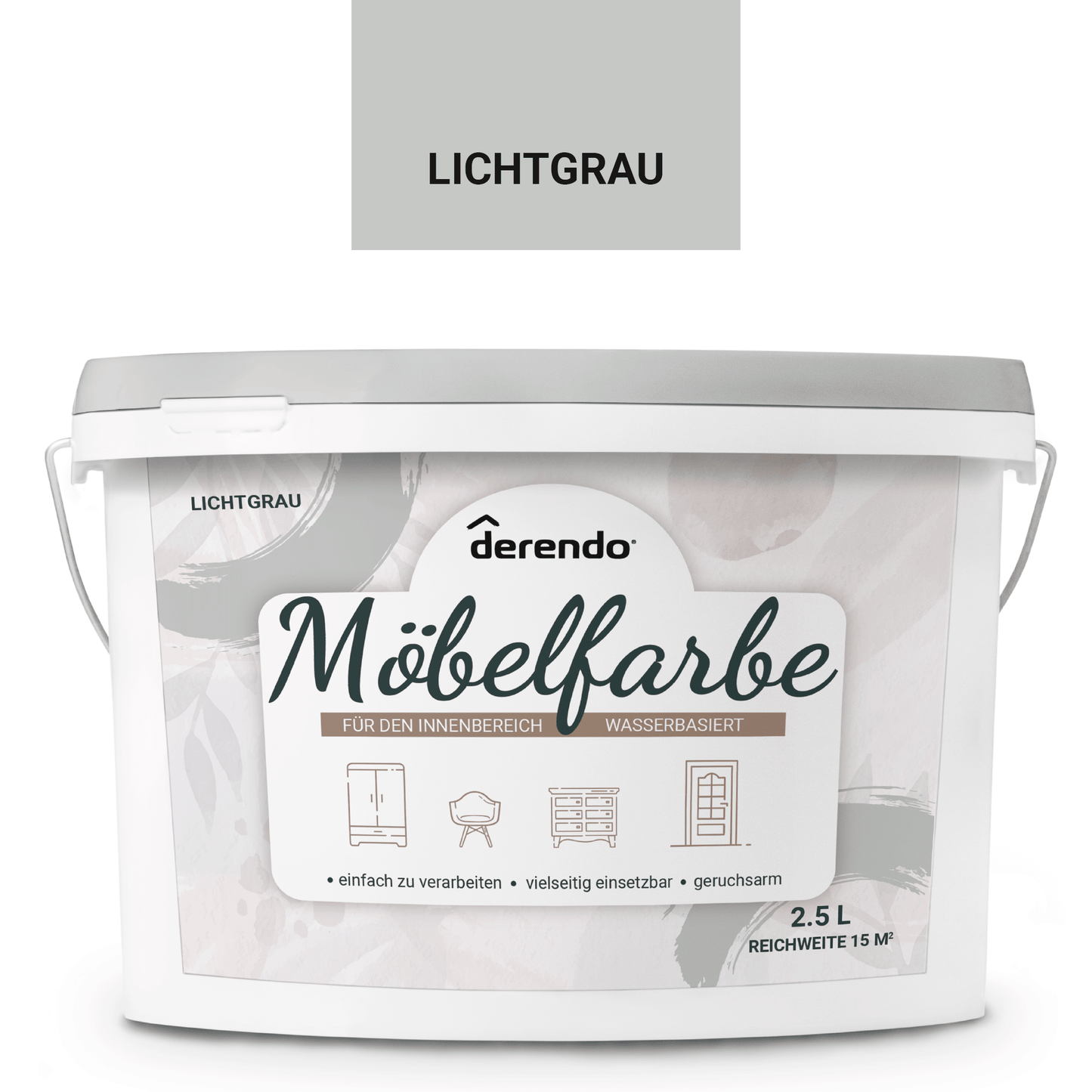 Derendo Möbelfarbe Lichtgrau 2,5 L – Holzfarbe für Innen – Ohne Schleifen, Hochdeckend & Wasserbasiert – Für Möbel, Türen & Küchen – Umweltfreundlich & Geruchsarm in – Produktbild von Derendo