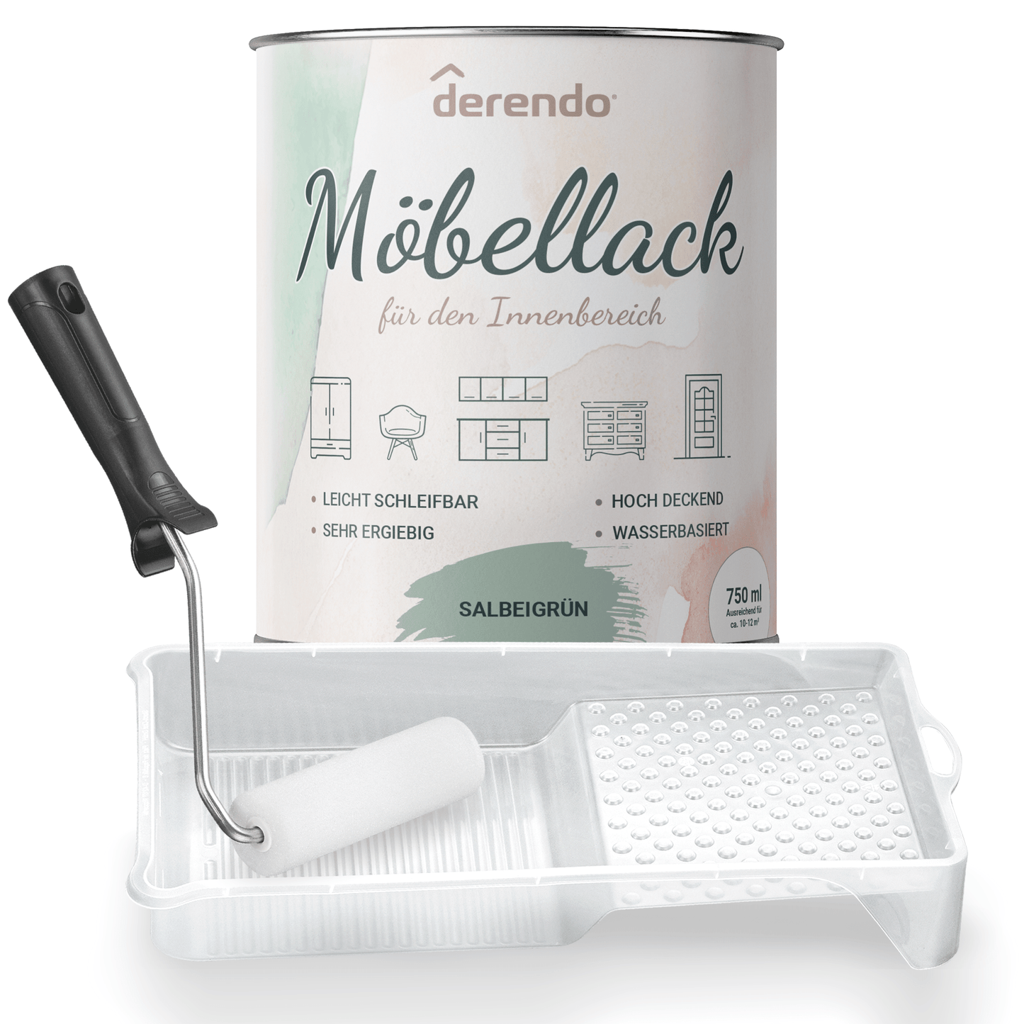 Derendo® Möbelfarbe Salbeigrün 750ml – Möbelfarbe ohne Schleifen + Lackier-Roller-Set in – Produktbild von Derendo