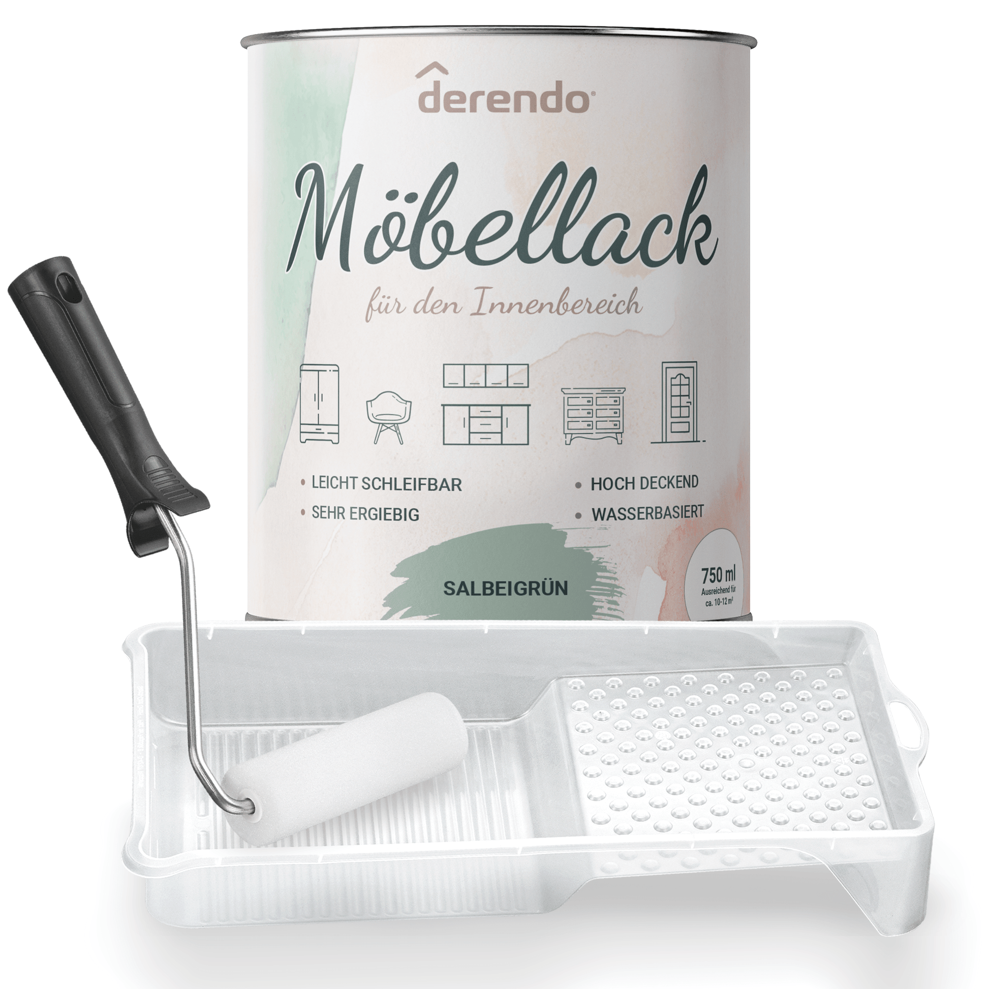 Derendo® Möbelfarbe Salbeigrün 750ml – Möbelfarbe ohne Schleifen + Lackier-Roller-Set in – Produktbild von Derendo