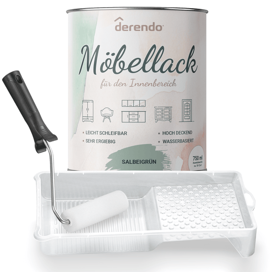 Derendo® Möbelfarbe Salbeigrün 750ml – Möbelfarbe ohne Schleifen + Lackier-Roller-Set in – Produktbild von Derendo