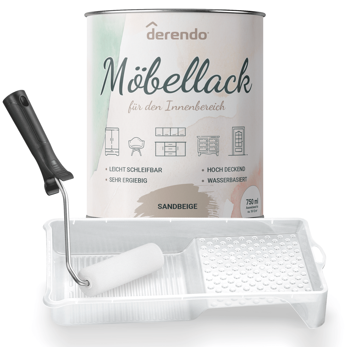 Derendo® Möbelfarbe Sandbeige 750ml – Möbelfarbe ohne Schleifen + Lackier-Roller-Set in – Produktbild von Derendo