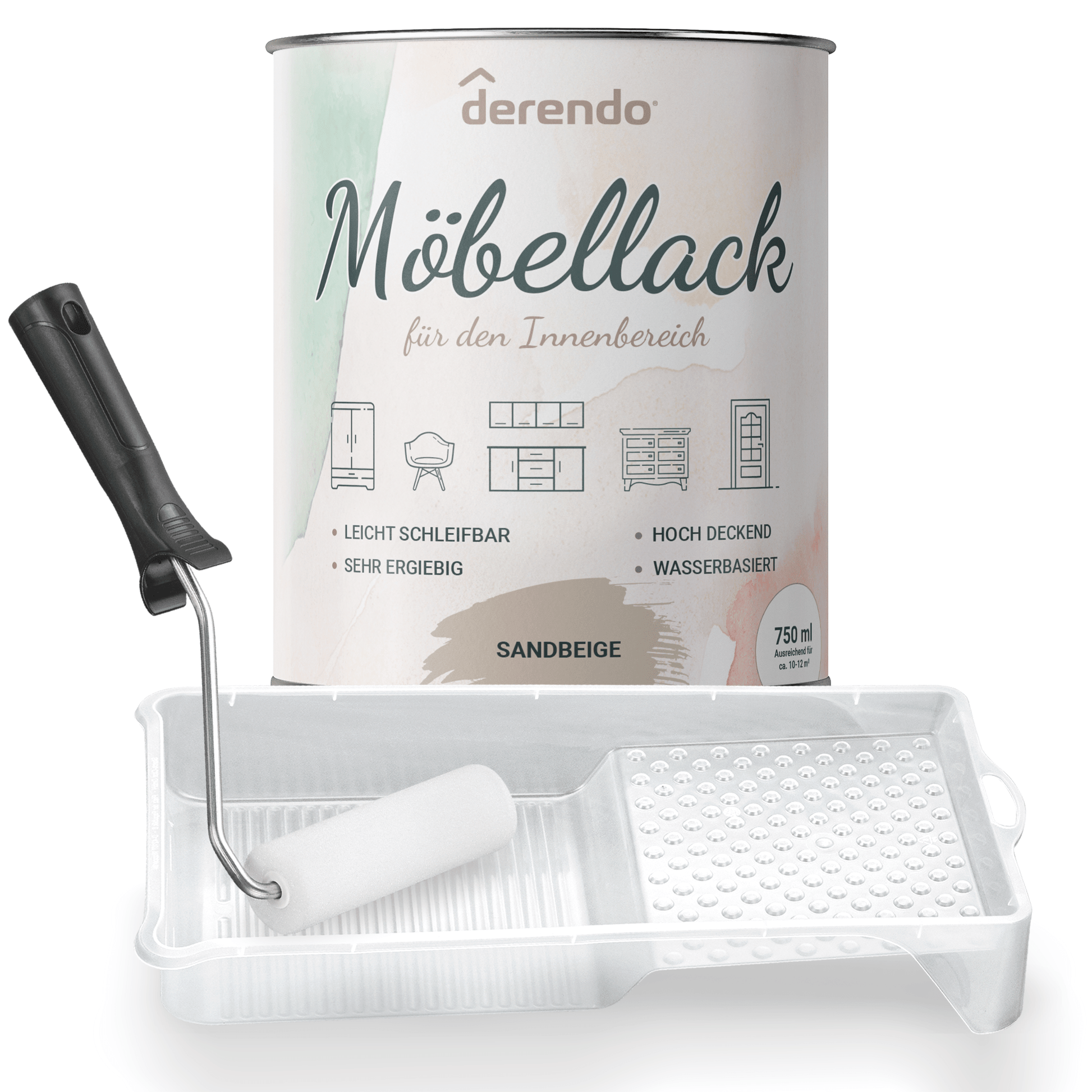 Derendo® Möbelfarbe Sandbeige 750ml – Möbelfarbe ohne Schleifen + Lackier-Roller-Set in – Produktbild von Derendo