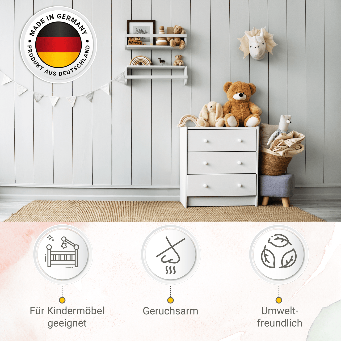 Derendo® Möbelfarbe Weiss 750ml – Möbelfarbe ohne Schleifen + Lack-Roller-Set in – Produktbild von Derendo