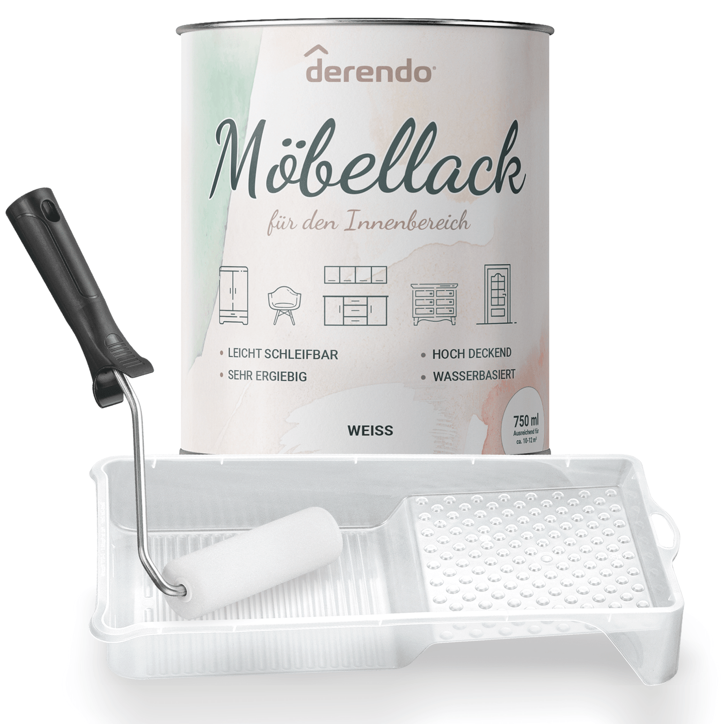 Derendo® Möbelfarbe Weiss 750ml – Möbelfarbe ohne Schleifen + Lack-Roller-Set in – Produktbild von Derendo