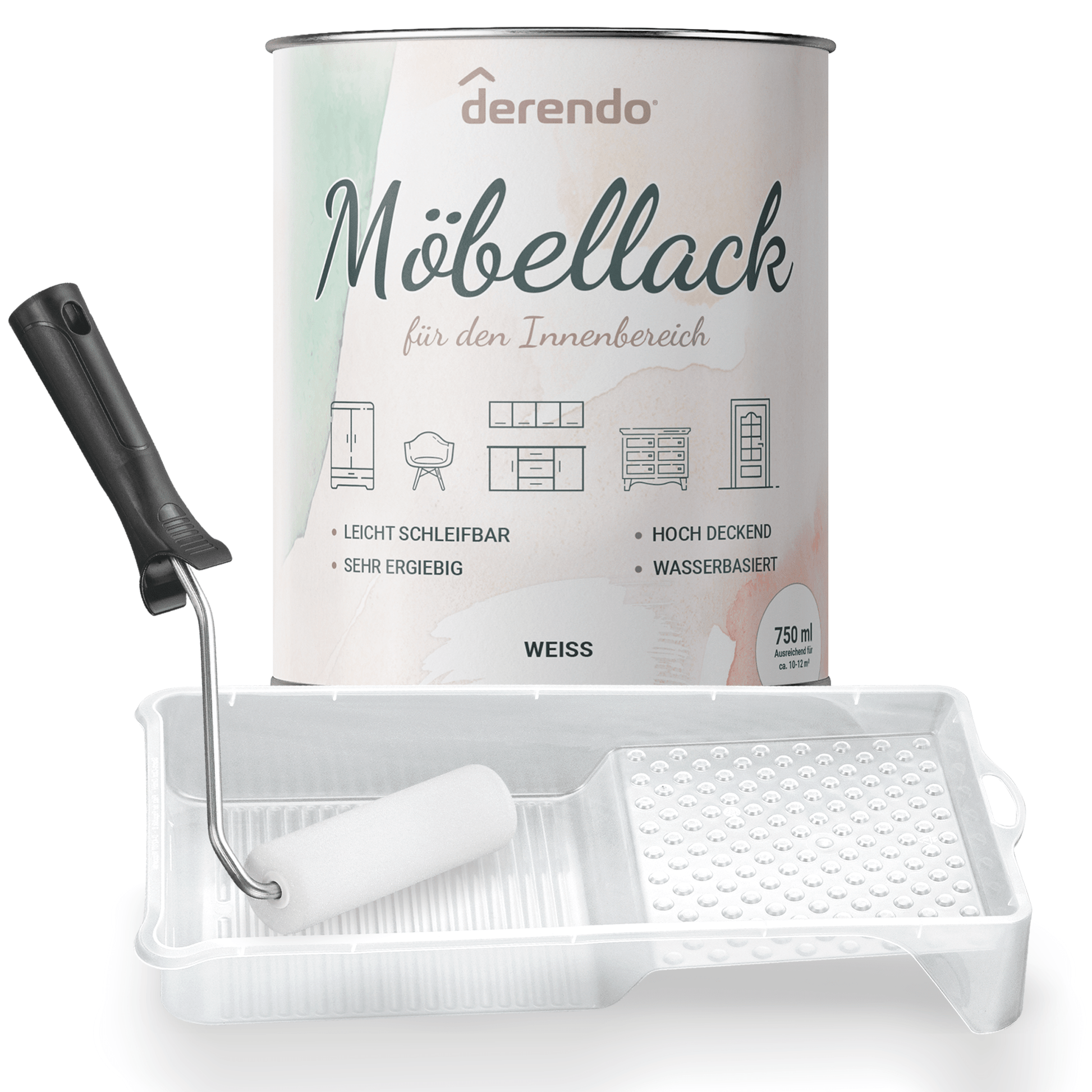 Derendo® Möbelfarbe Weiss 750ml – Möbelfarbe ohne Schleifen + Lack-Roller-Set in – Produktbild von Derendo