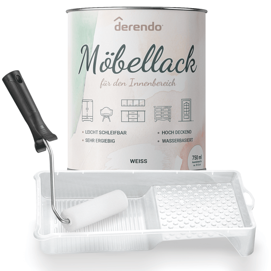 Derendo® Möbelfarbe Weiss 750ml – Möbelfarbe ohne Schleifen + Lack-Roller-Set in – Produktbild von Derendo