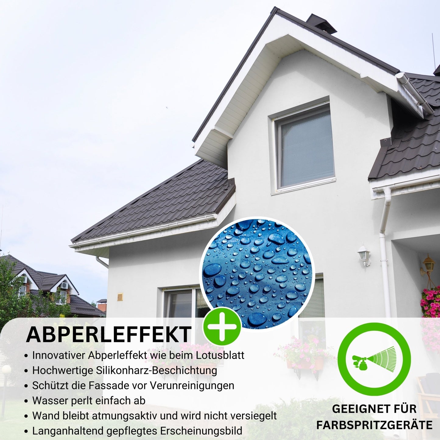Derendo Silikonharz Fassadenfarbe weiß mit ULTRA Wetterschutz durch Abperleffekt des Lotusblattes - 4251604918970 - Derendo