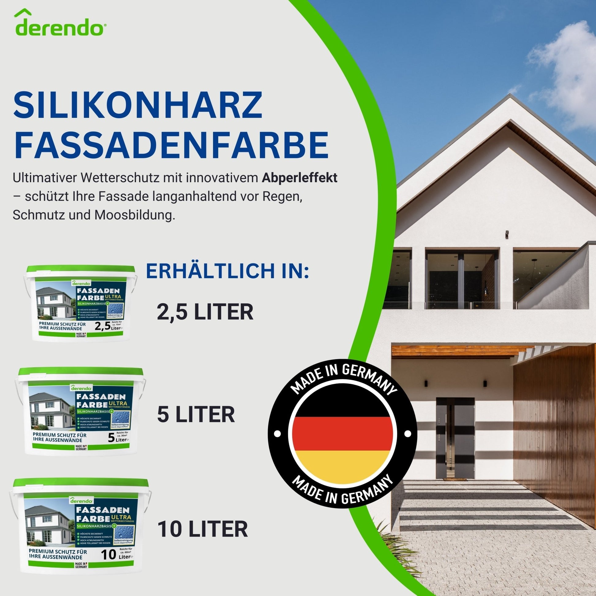 Derendo Silikonharz Fassadenfarbe weiß mit ULTRA Wetterschutz durch Abperleffekt des Lotusblattes - 4251604918970 - Derendo