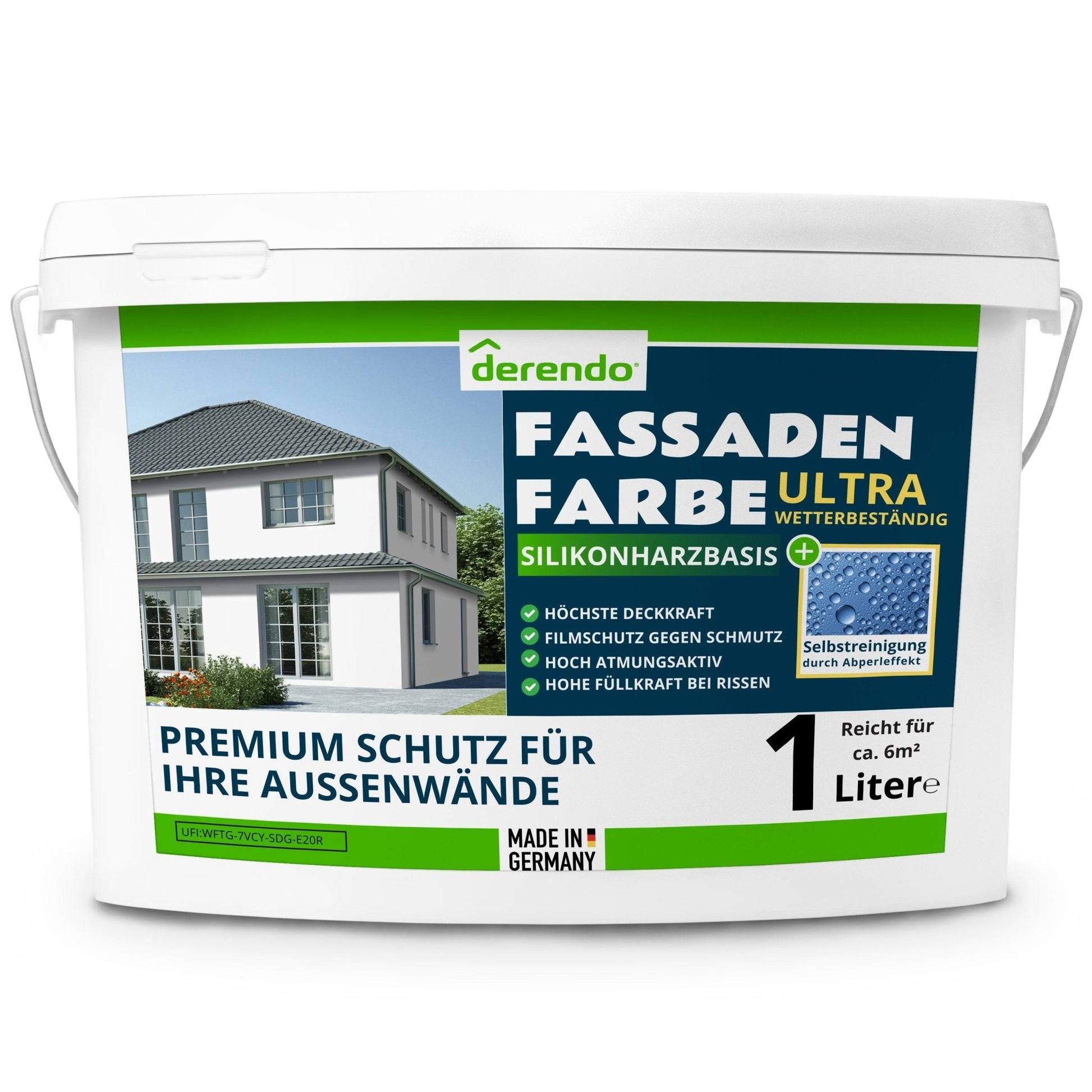 Derendo Silikonharz Fassadenfarbe weiß mit ULTRA Wetterschutz durch Abperleffekt des Lotusblattes - 4251604929570 - Derendo