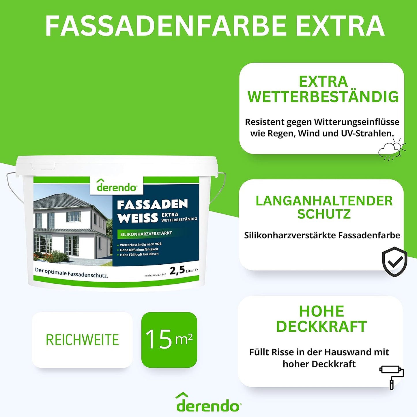 Derendo silikonharzverstärkte Fassadenfarbe weiß mit EXTRA Wetterschutz in 10 Liter – Produktbild von Derendo