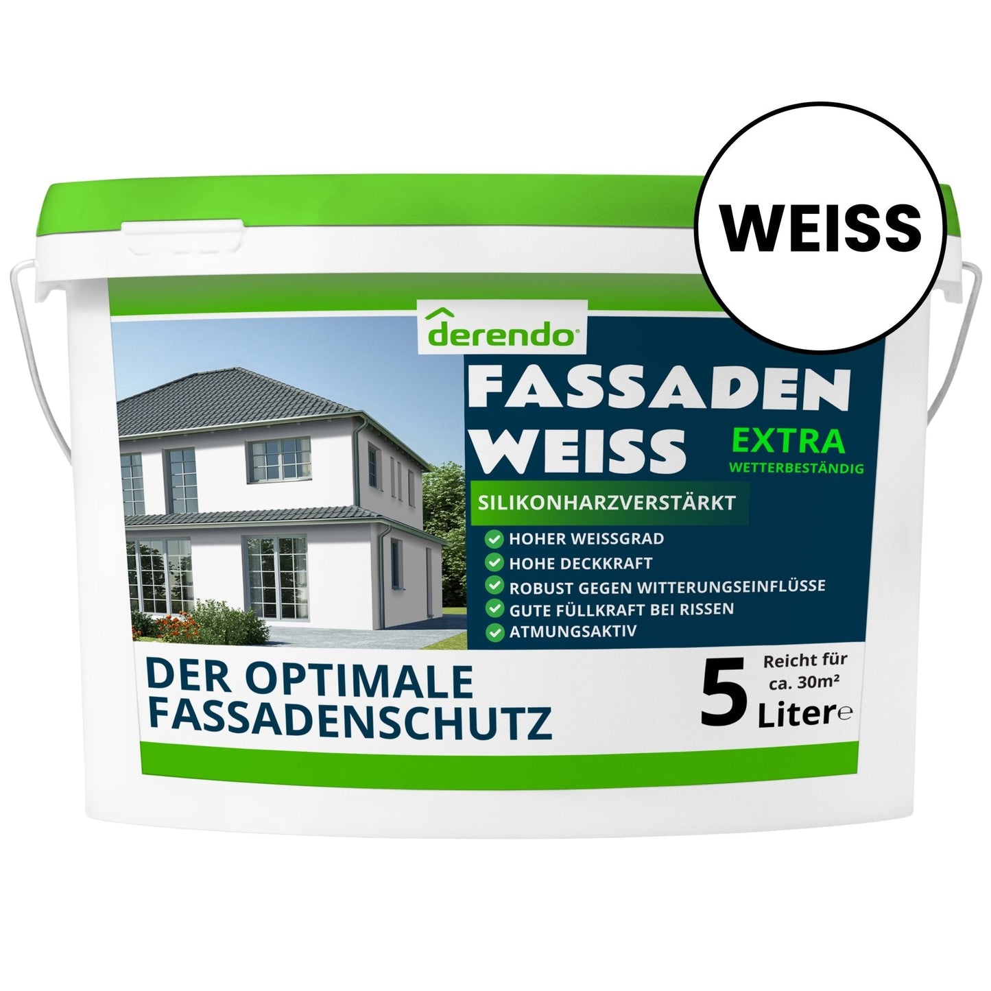 Derendo silikonharzverstärkte Fassadenfarbe weiß mit EXTRA Wetterschutz in 10 Liter – Produktbild von Derendo