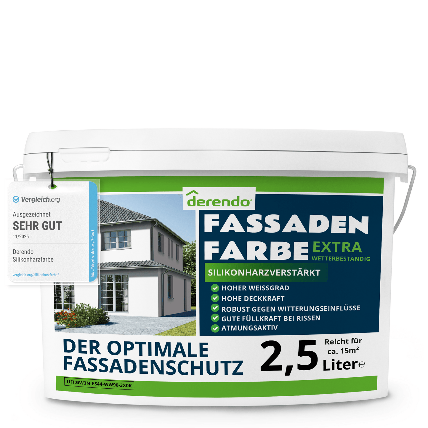 Derendo silikonharzverstärkte Fassadenfarbe weiß mit EXTRA Wetterschutz in 2.5 Liter – Produktbild von Derendo