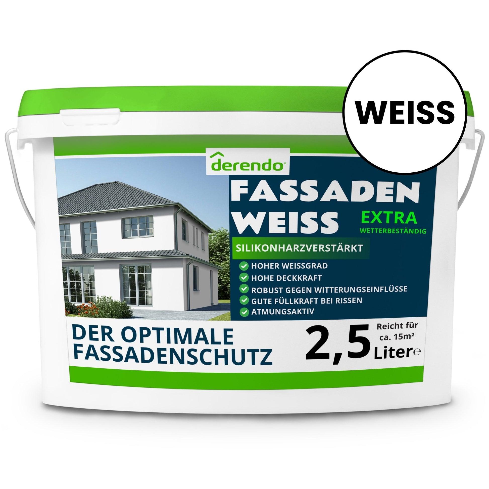 Derendo silikonharzverstärkte Fassadenfarbe weiß mit EXTRA Wetterschutz - 4251604918932 - Derendo