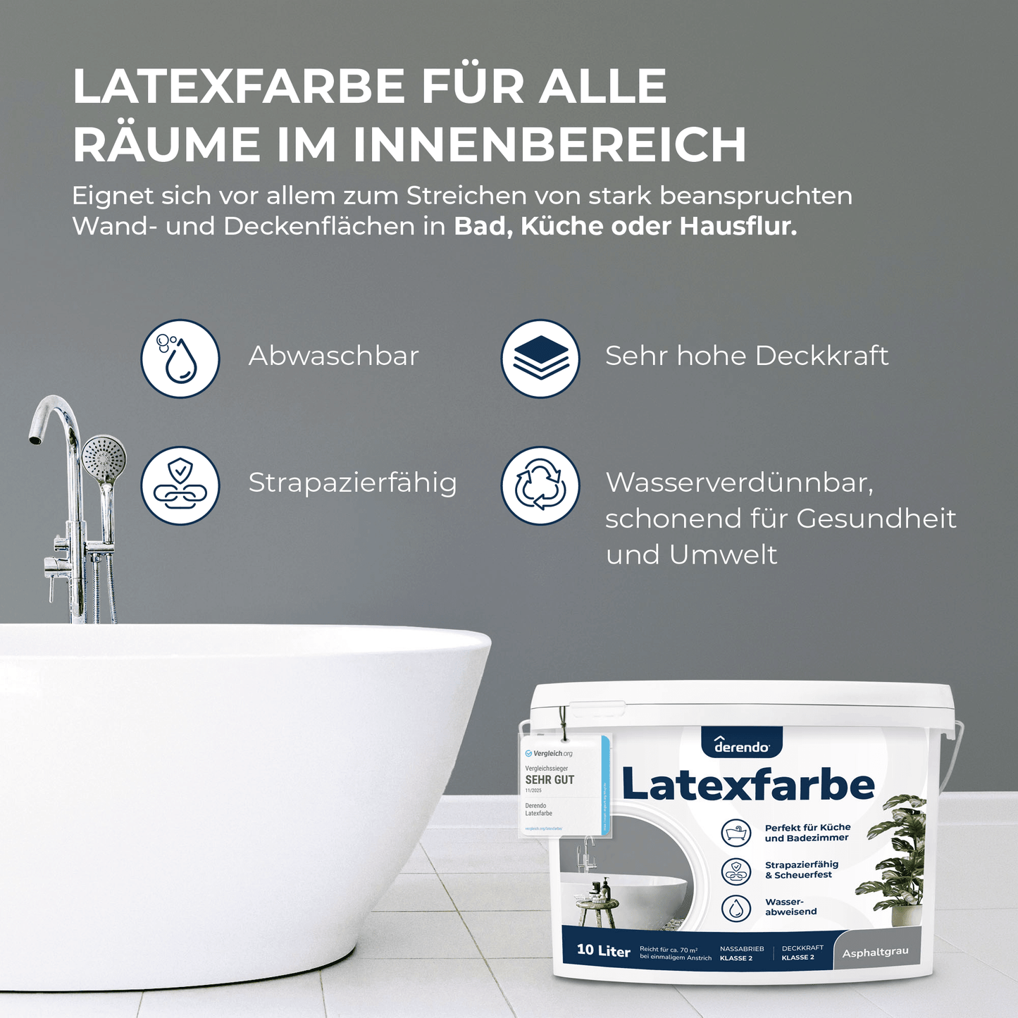 Derendo Wandfarbe Latexfarbe Asphaltgrau Matt abwaschbar in 10 Liter – Produktbild von Derendo