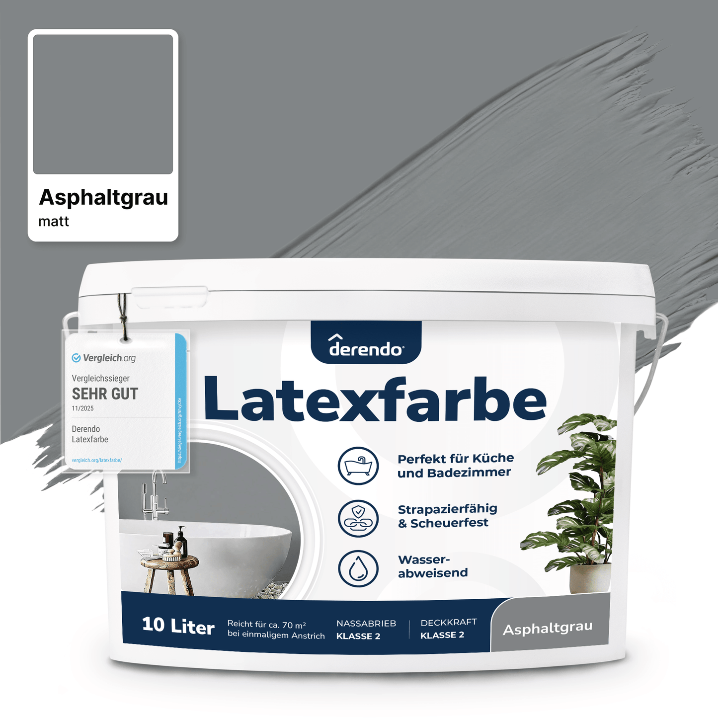 Derendo Wandfarbe Latexfarbe Asphaltgrau Matt abwaschbar in 10 Liter – Produktbild von Derendo